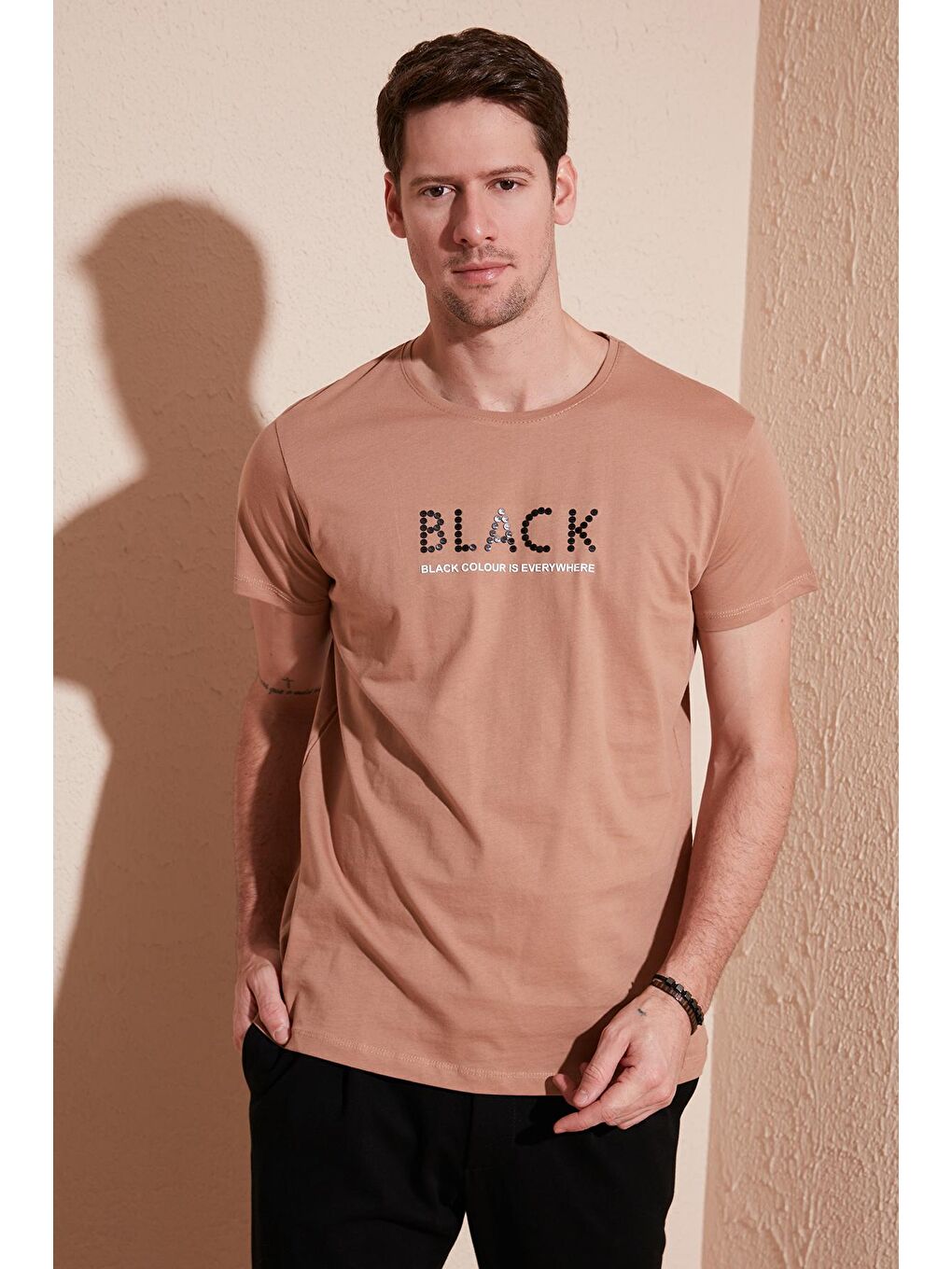 Bej % 100 Pamuk Baskılı Slim Fit Bisiklet Yaka Tişört 541BLACKCOLOUR