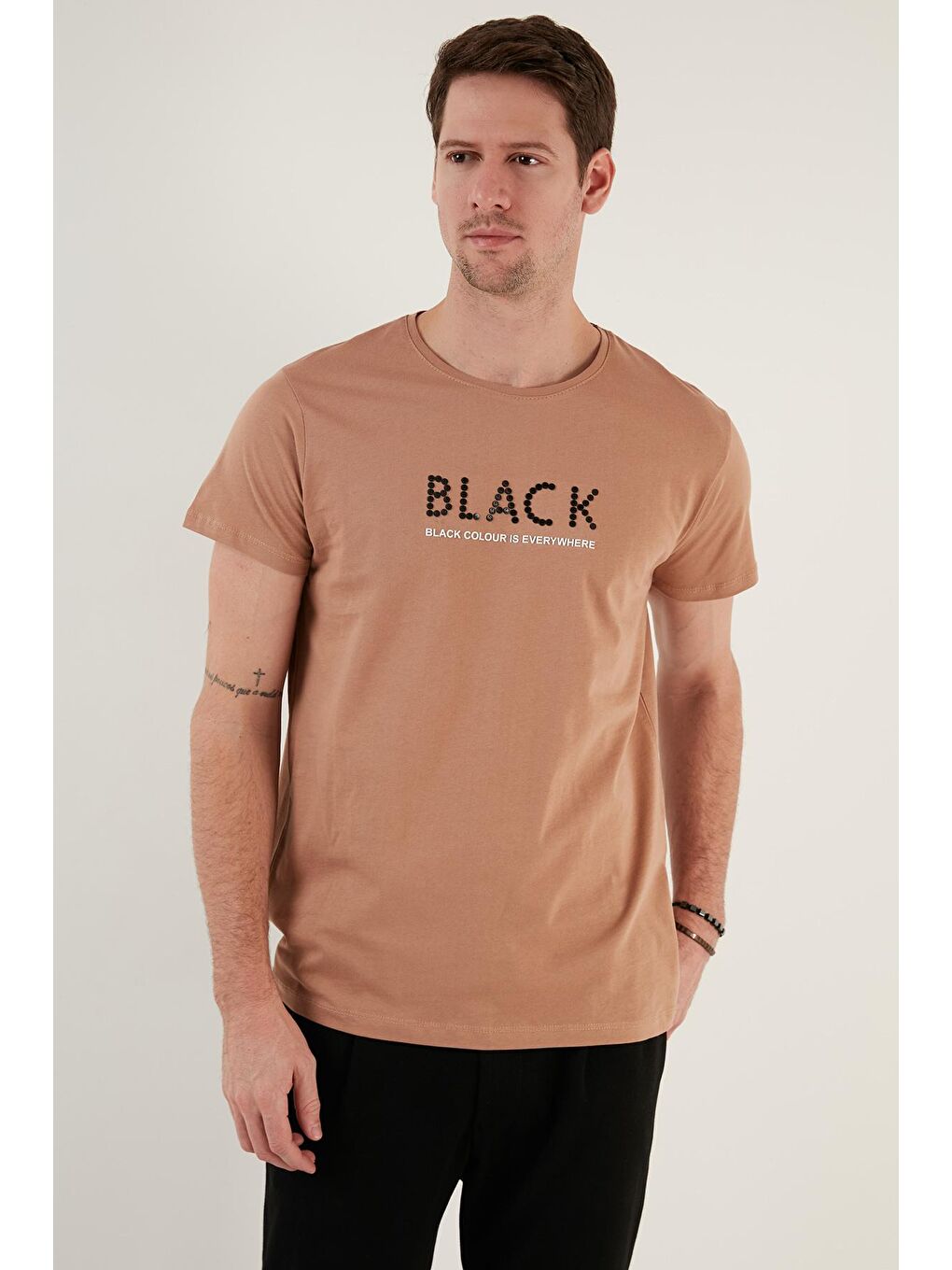 Bej % 100 Pamuk Baskılı Slim Fit Bisiklet Yaka Tişört 541BLACKCOLOUR-1