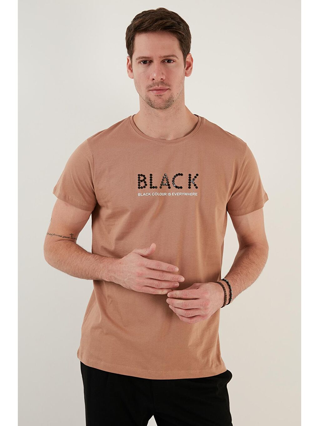 Bej % 100 Pamuk Baskılı Slim Fit Bisiklet Yaka Tişört 541BLACKCOLOUR-2