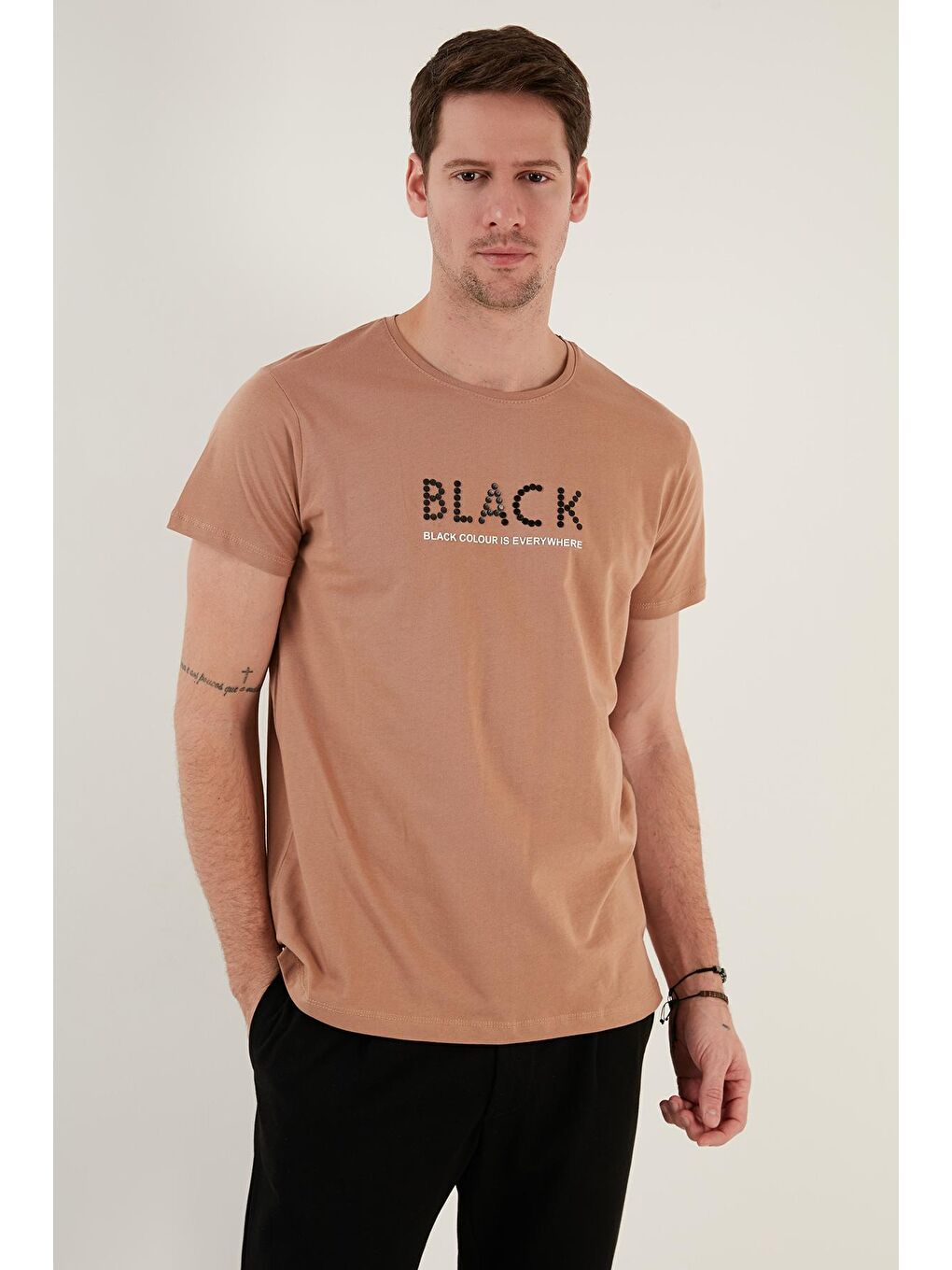 Bej % 100 Pamuk Baskılı Slim Fit Bisiklet Yaka Tişört 541BLACKCOLOUR-3