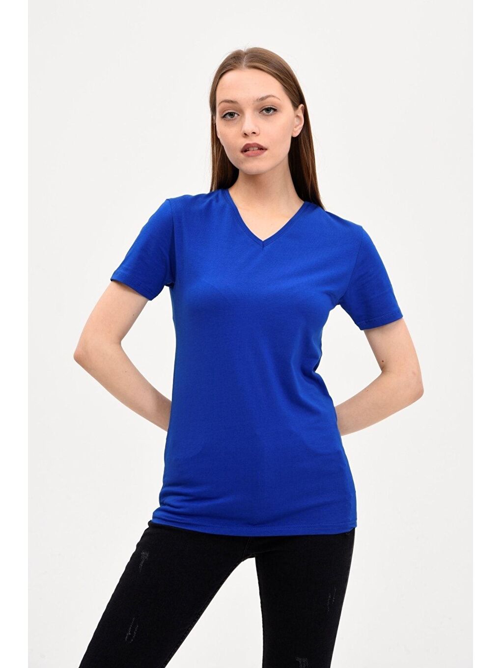 Kadın V Yaka Basic Tişört(Mavi)