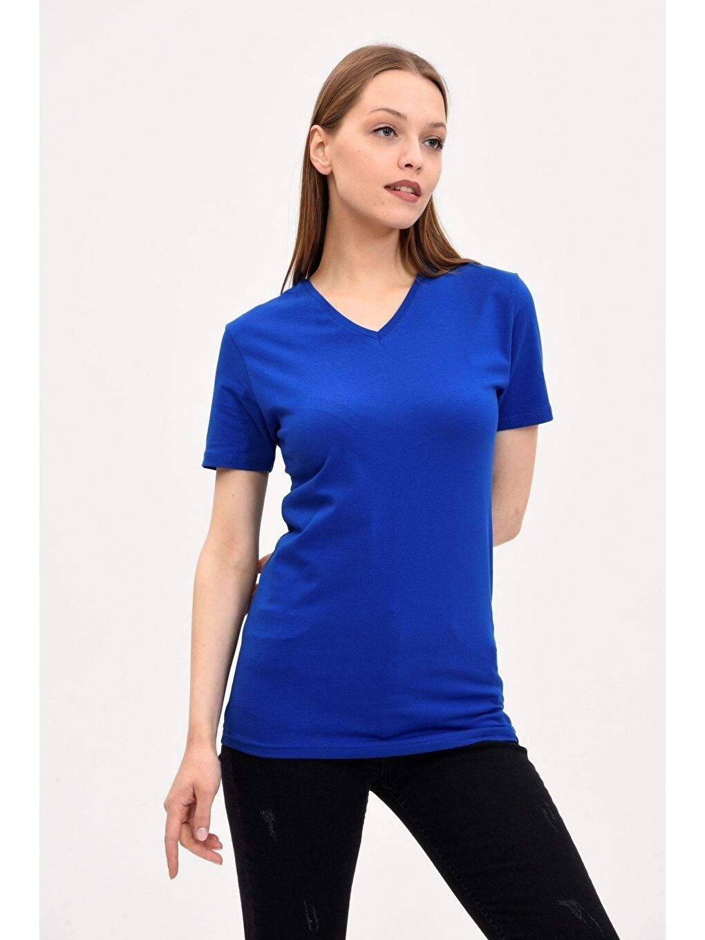 Kadın V Yaka Basic Tişört(Mavi)-1