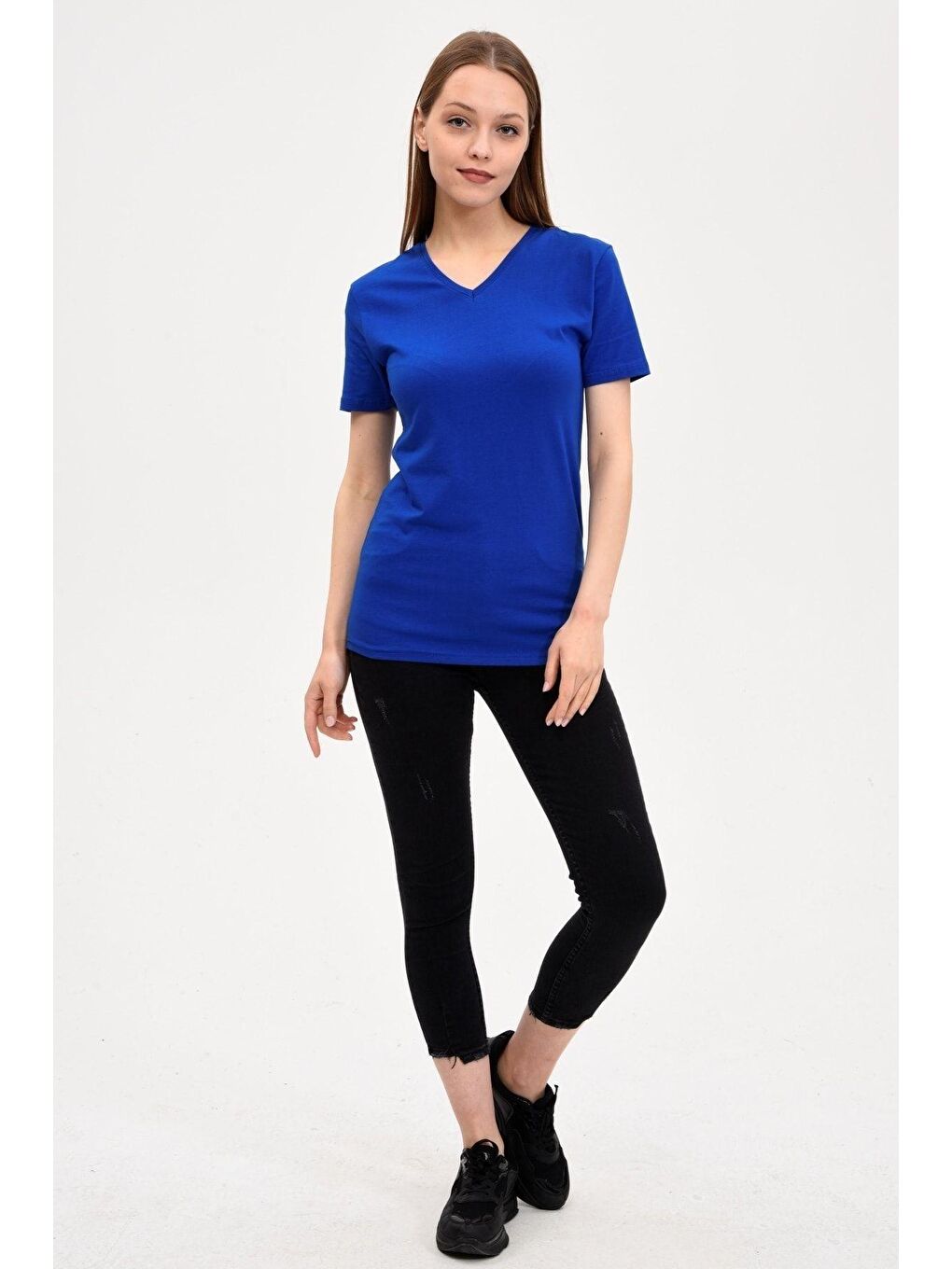 Kadın V Yaka Basic Tişört(Mavi)-2
