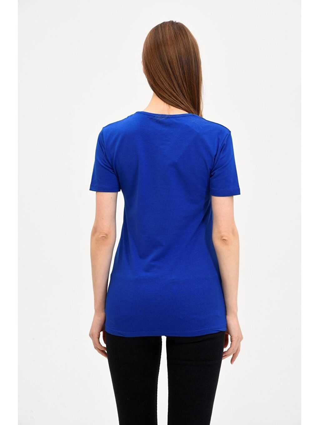 Kadın V Yaka Basic Tişört(Mavi)-3