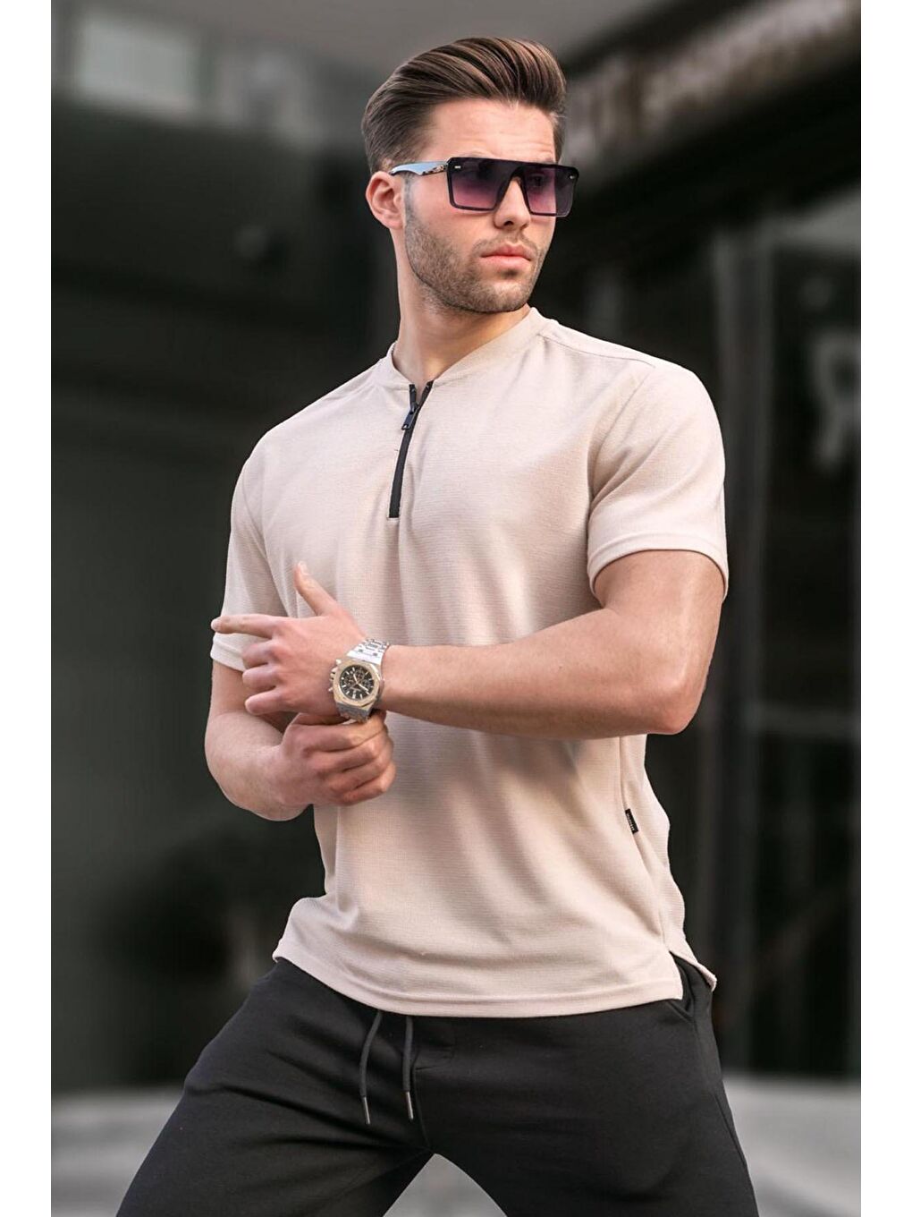 Bej Fermuar Yaka Erkek Tişört 6086