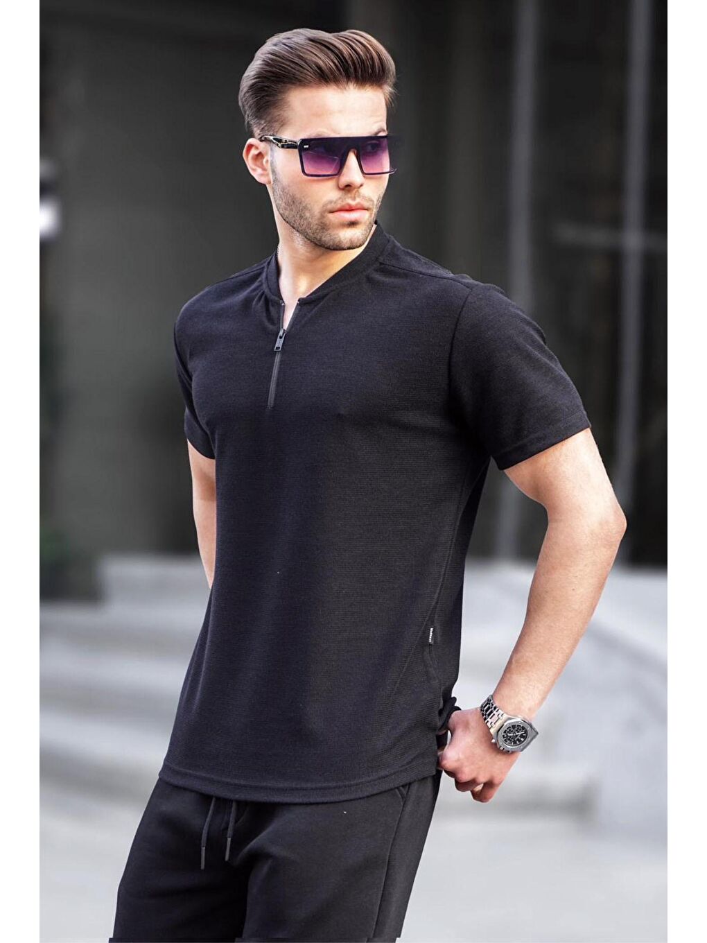 Siyah Fermuar Yaka Erkek Tişört 6086