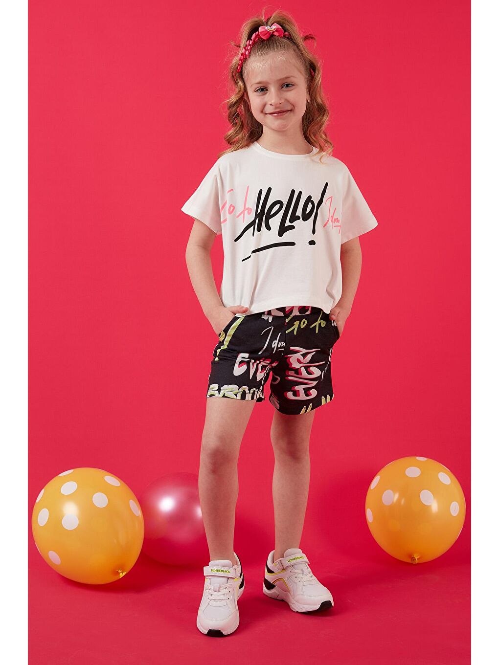 Beyaz Pamuklu Desenli Bisiklet Yaka Şortlu Takım 6189534