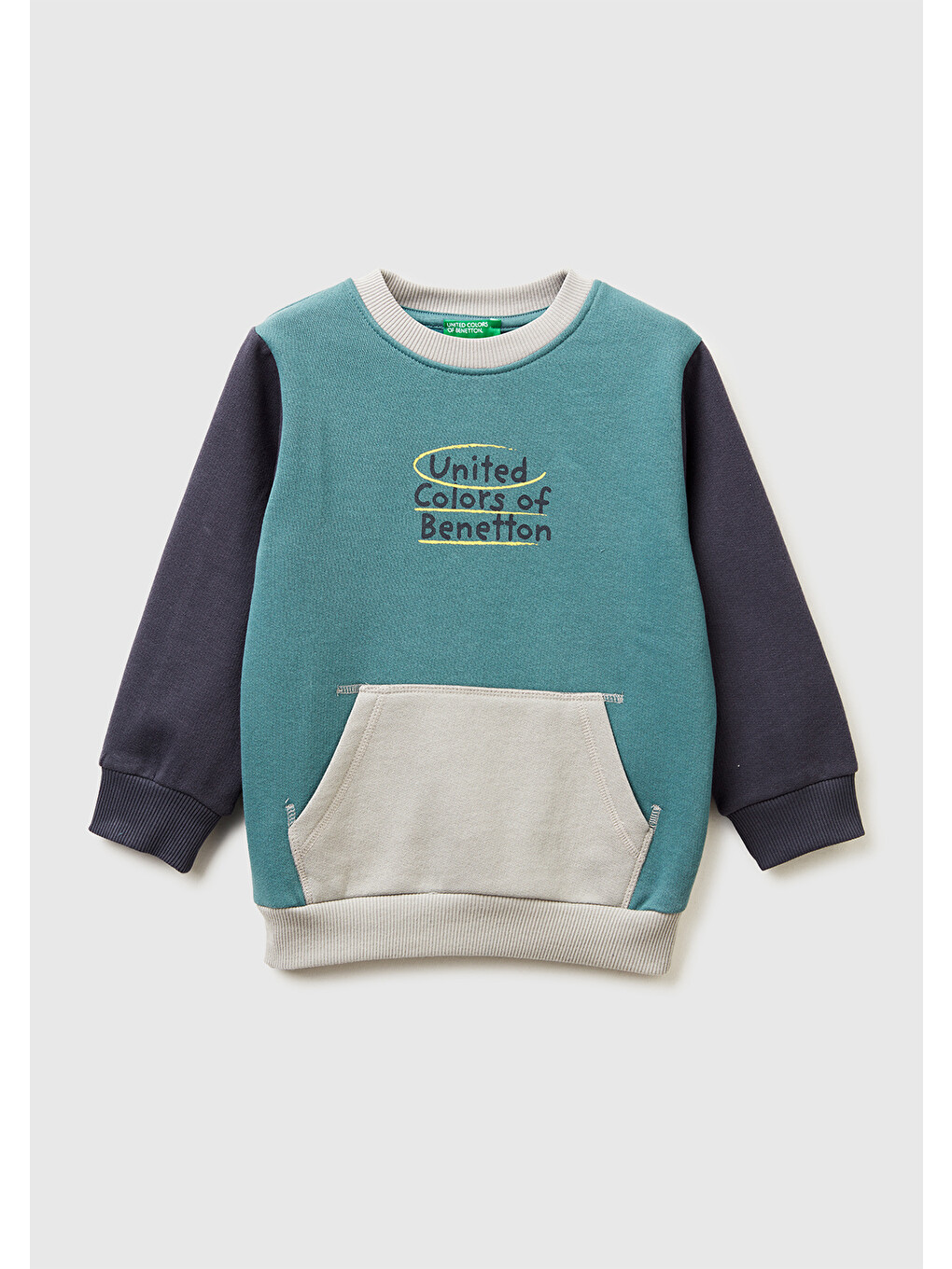 Erkek Çocuk Koyu Yeşil-gri Önü Logo Baskılı Cepli Bisiklet Yaka Regular Fit Sweatshirt