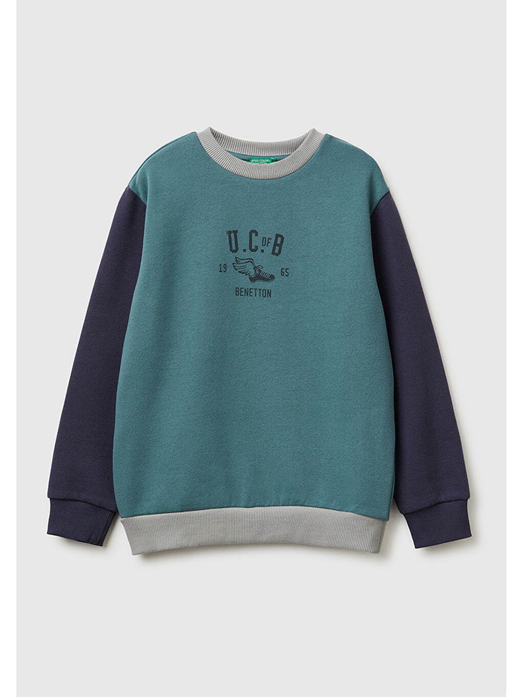 Erkek Çocuk Koyu Yeşil-gri Önü Logo Baskılı Nervürlü Şardonlu Sweatshirt
