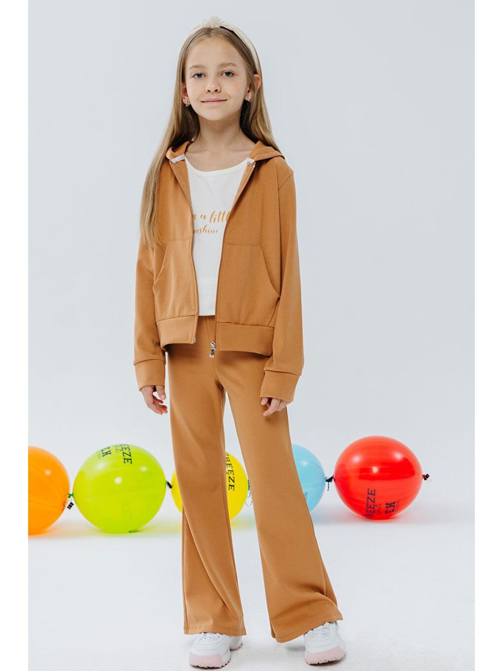 Kız Çocuk 3'lü Taytlı Takım Fitilli Fermuarlı Yazı Baskılı Kahverengi (9-14 Yaş)-1
