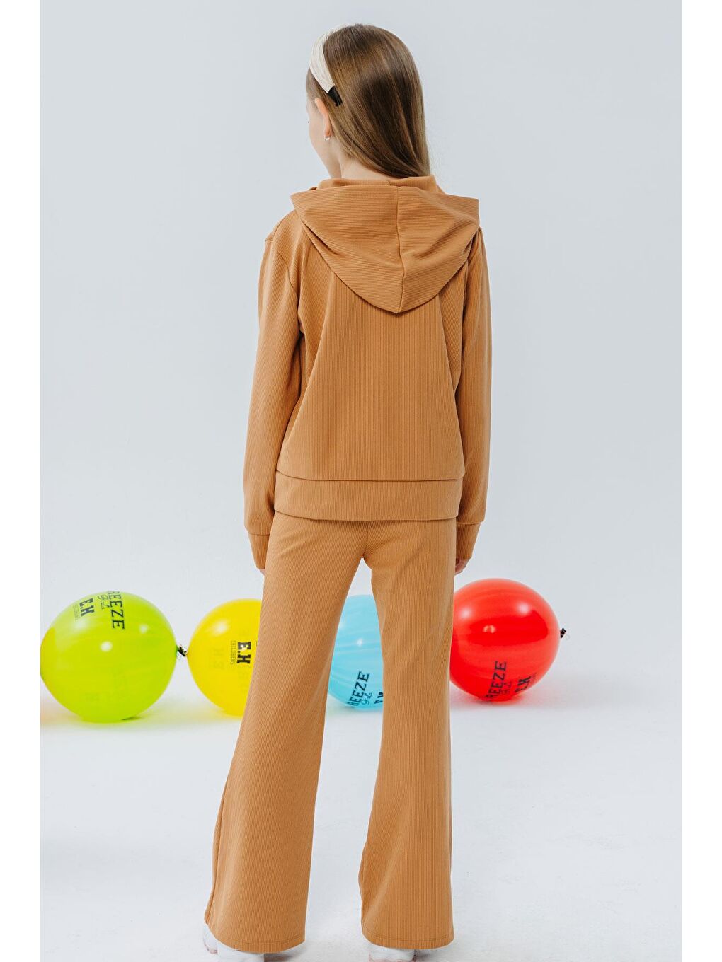 Kız Çocuk 3'lü Taytlı Takım Fitilli Fermuarlı Yazı Baskılı Kahverengi (9-14 Yaş)-2