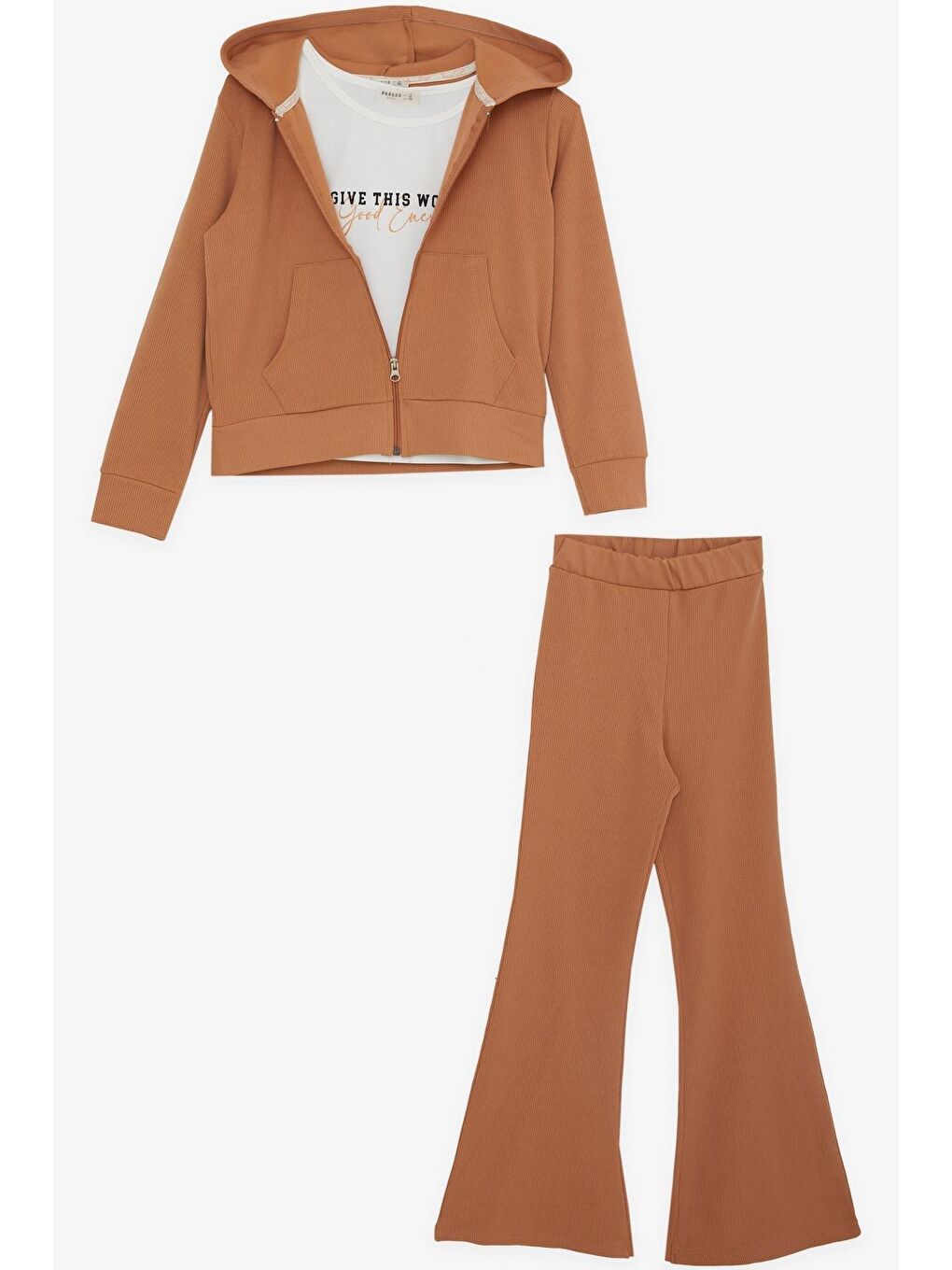 Kız Çocuk 3'lü Taytlı Takım Fitilli Fermuarlı Yazı Baskılı Kahverengi (9-14 Yaş)-3