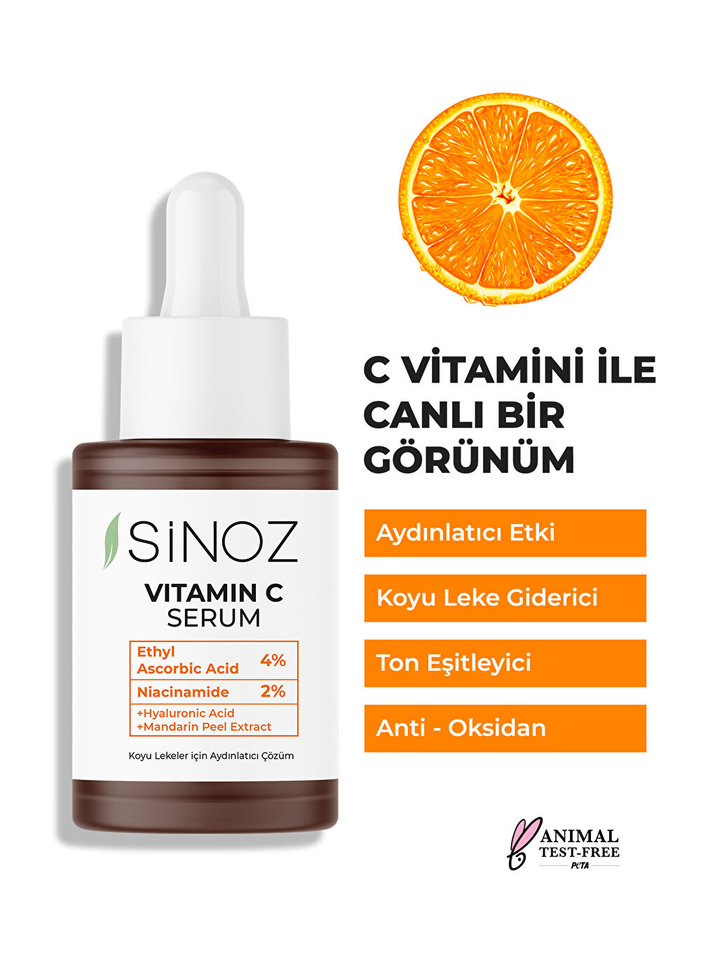 Sinoz Şeffaf Ton Eşitleyici Aydınlatıcı Vitamin C %4 + Niacinamide %2 Yüz Serumu 30 ML Tüm Ciltler için