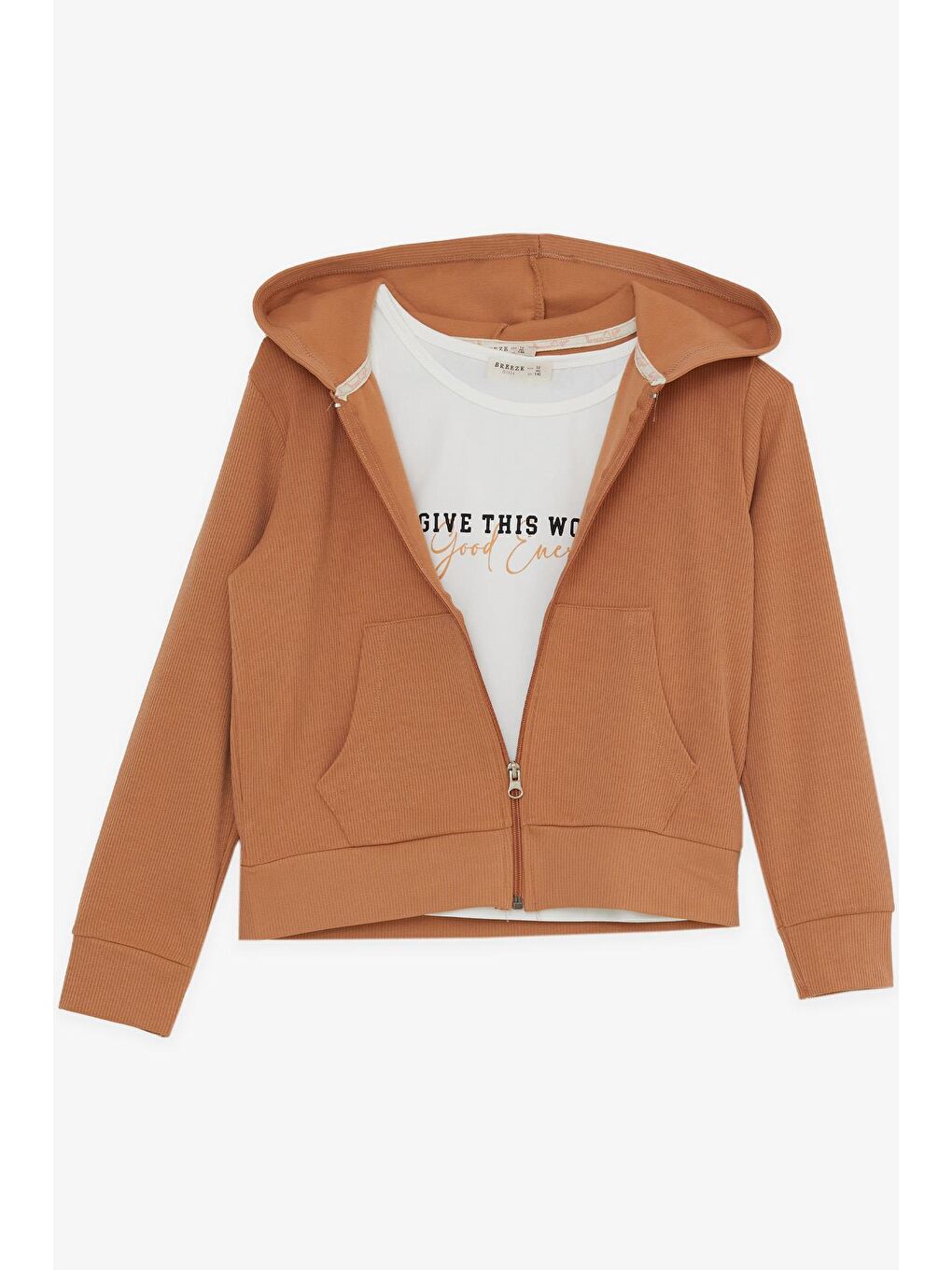 Kız Çocuk 3'lü Taytlı Takım Fitilli Fermuarlı Yazı Baskılı Kahverengi (9-14 Yaş)-5