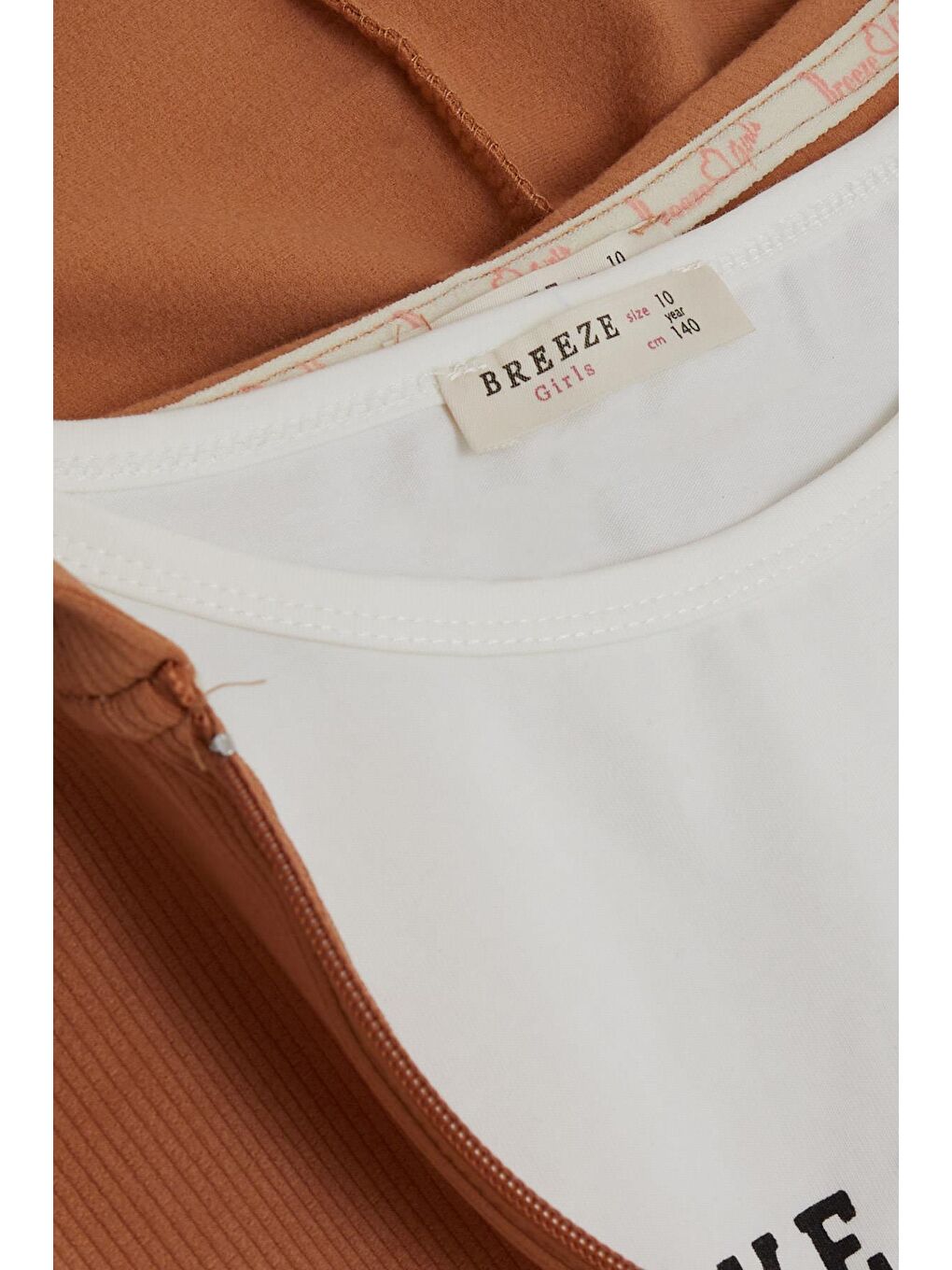 Kız Çocuk 3'lü Taytlı Takım Fitilli Fermuarlı Yazı Baskılı Kahverengi (9-14 Yaş)-7