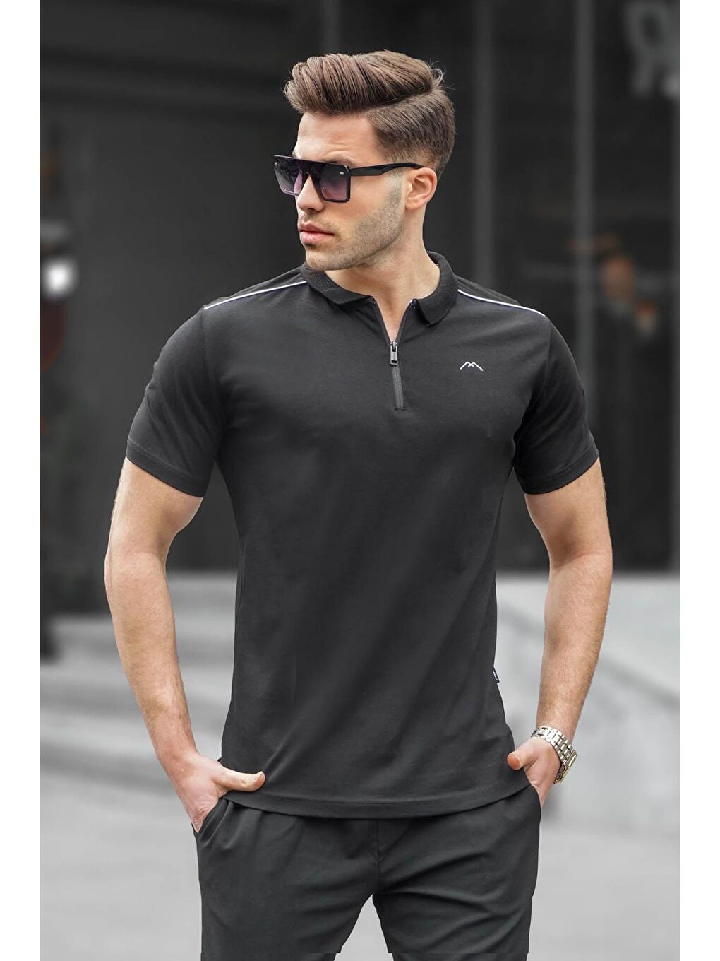 Erkek Siyah Basic Fermuarlı Polo Tişört 6076