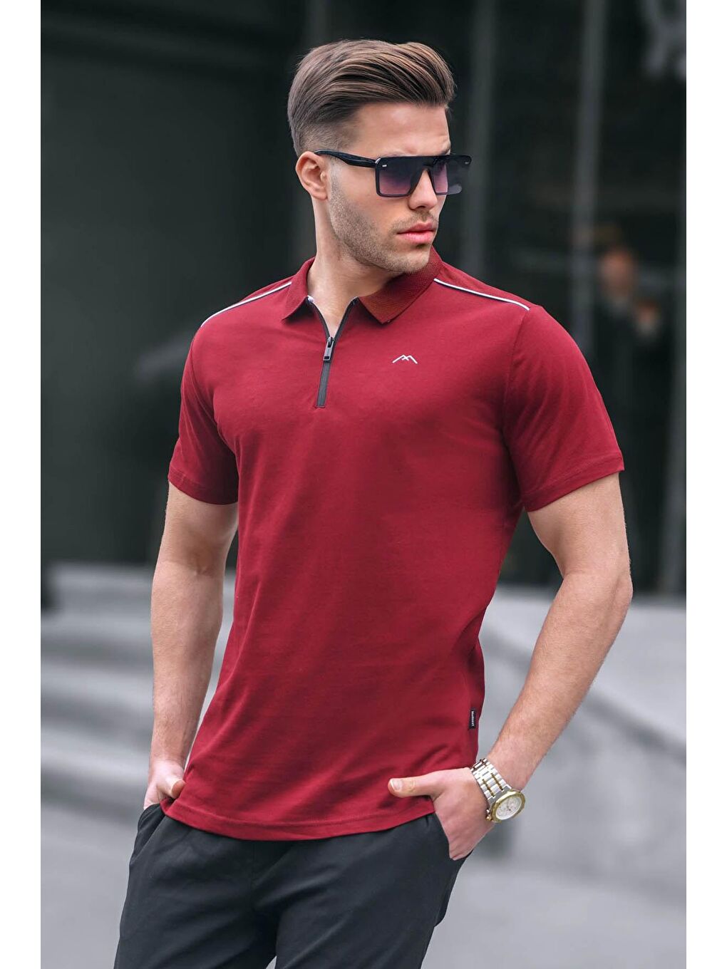 Erkek Bordo Basic Fermuarlı Polo Tişört 6076