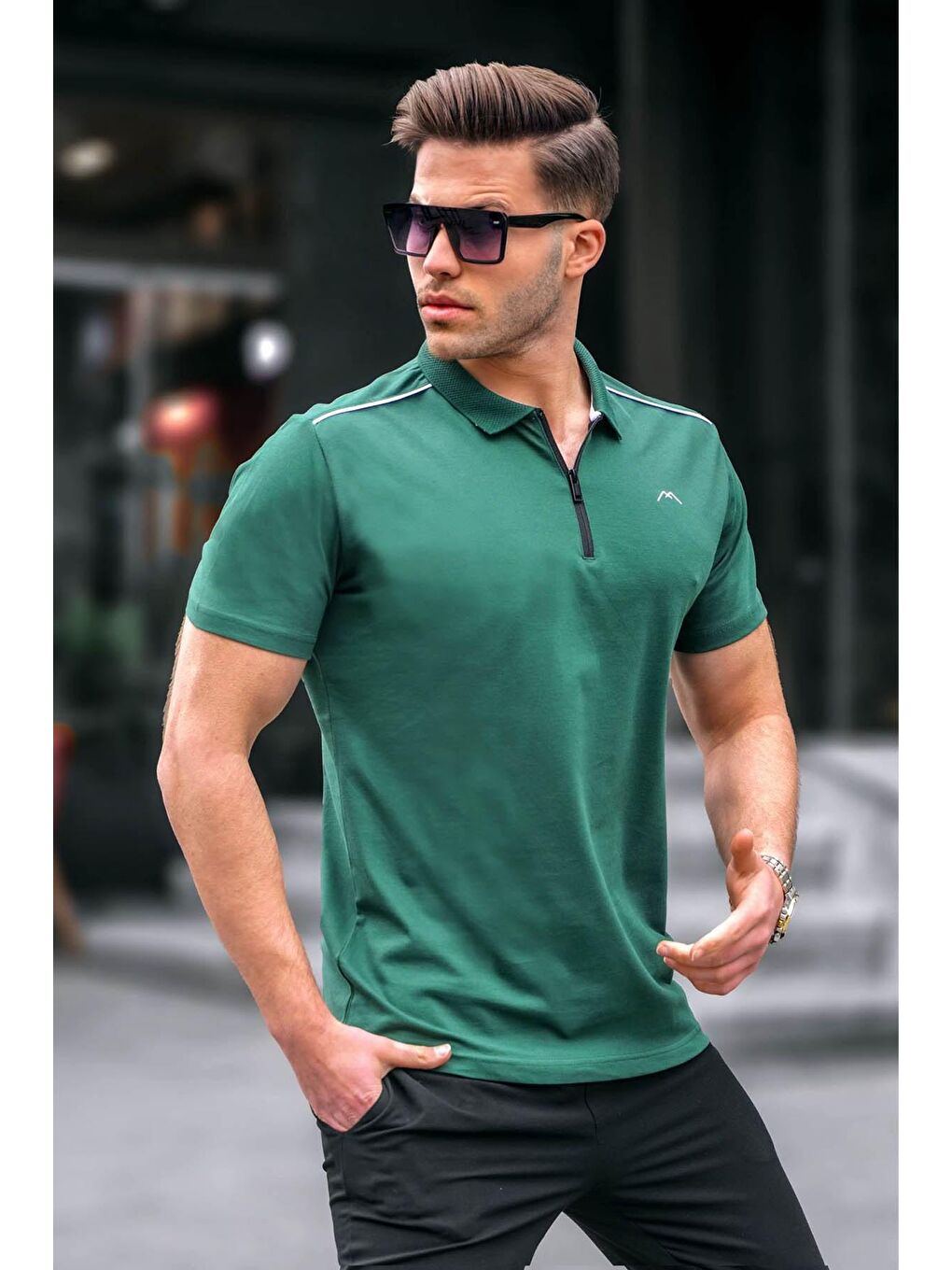 Erkek Koyu Yeşil Basic Fermuarlı Polo Tişört 6076