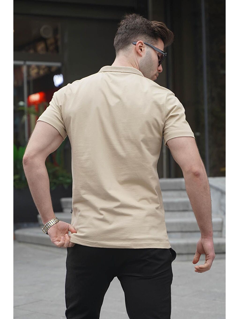 Erkek Bej Basic Fermuarlı Polo Tişört 6076-1