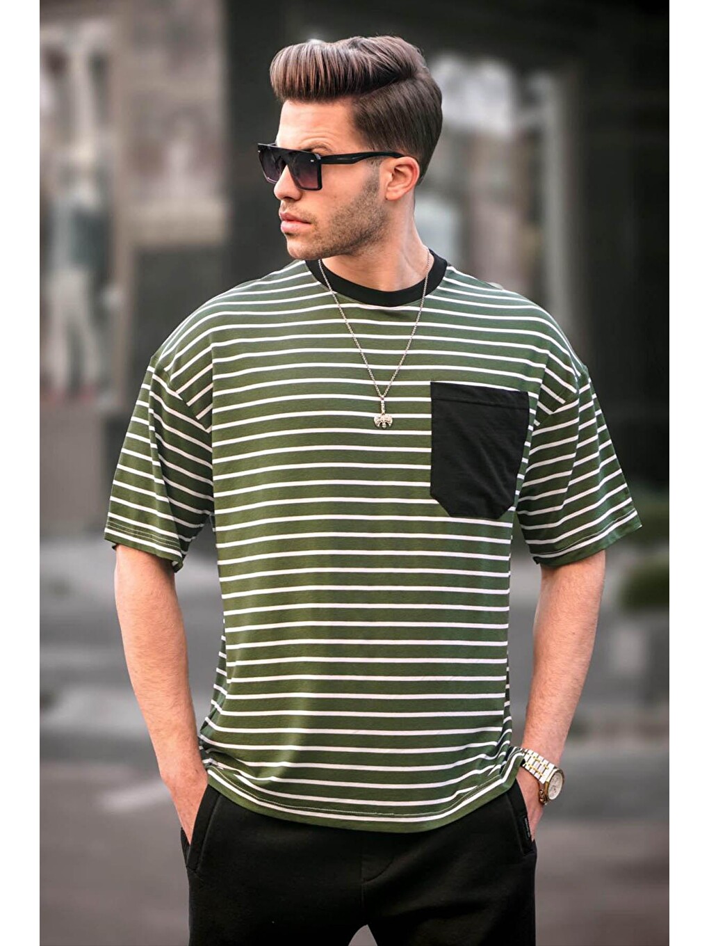 Erkek Haki Çizgili Basic Tişört 6084