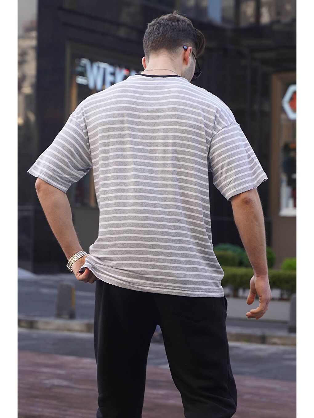 Erkek Gri Çizgili Basic Tişört 6084-1
