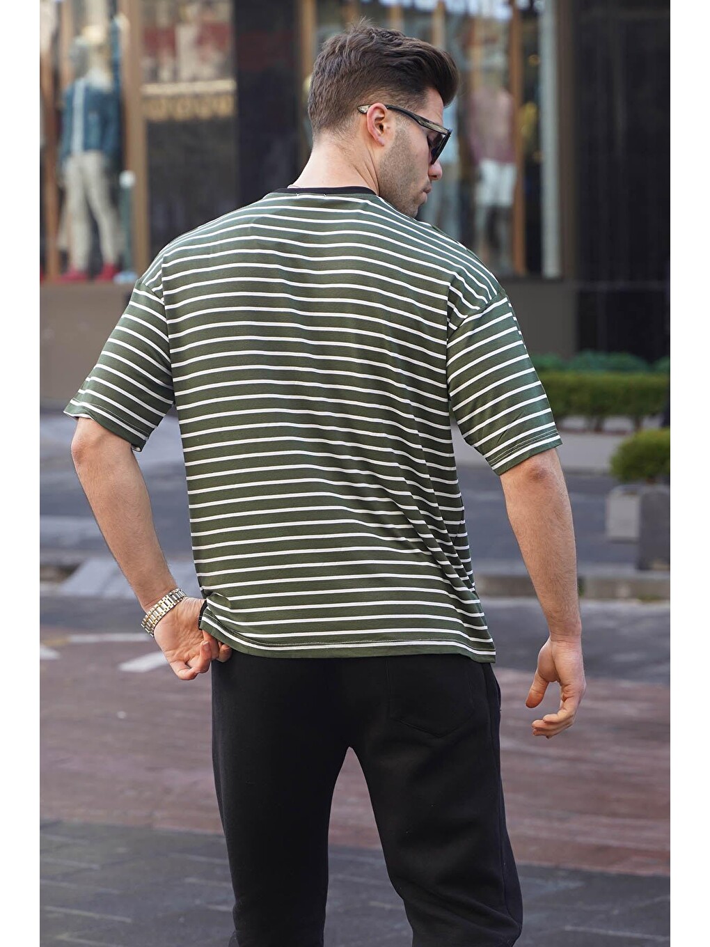Erkek Haki Çizgili Basic Tişört 6084-1