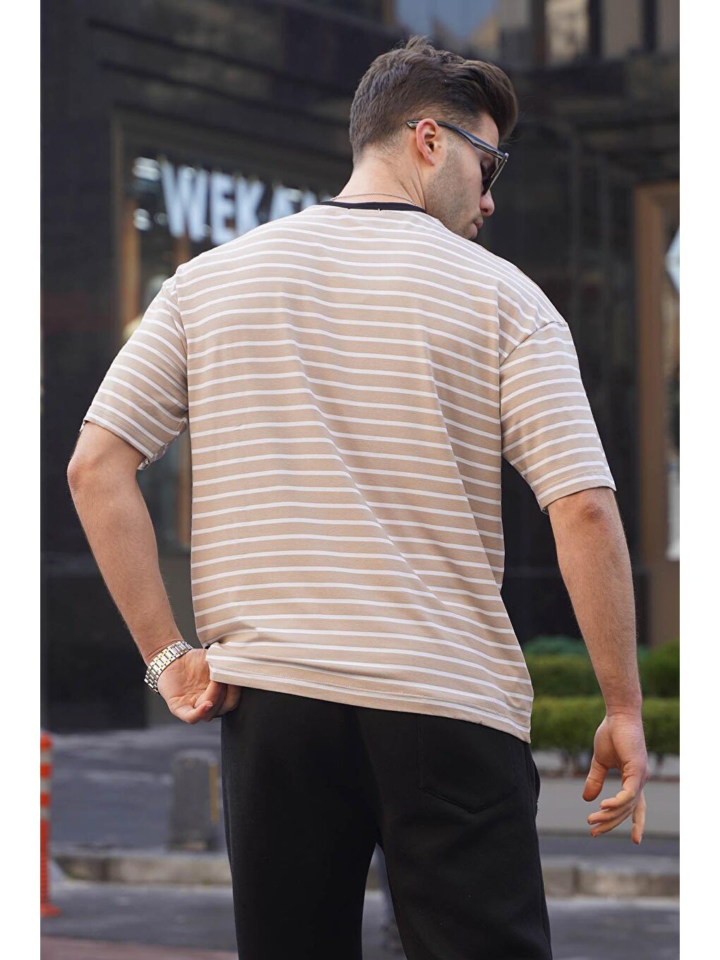 Erkek Bej Çizgili Basic Tişört 6084-1