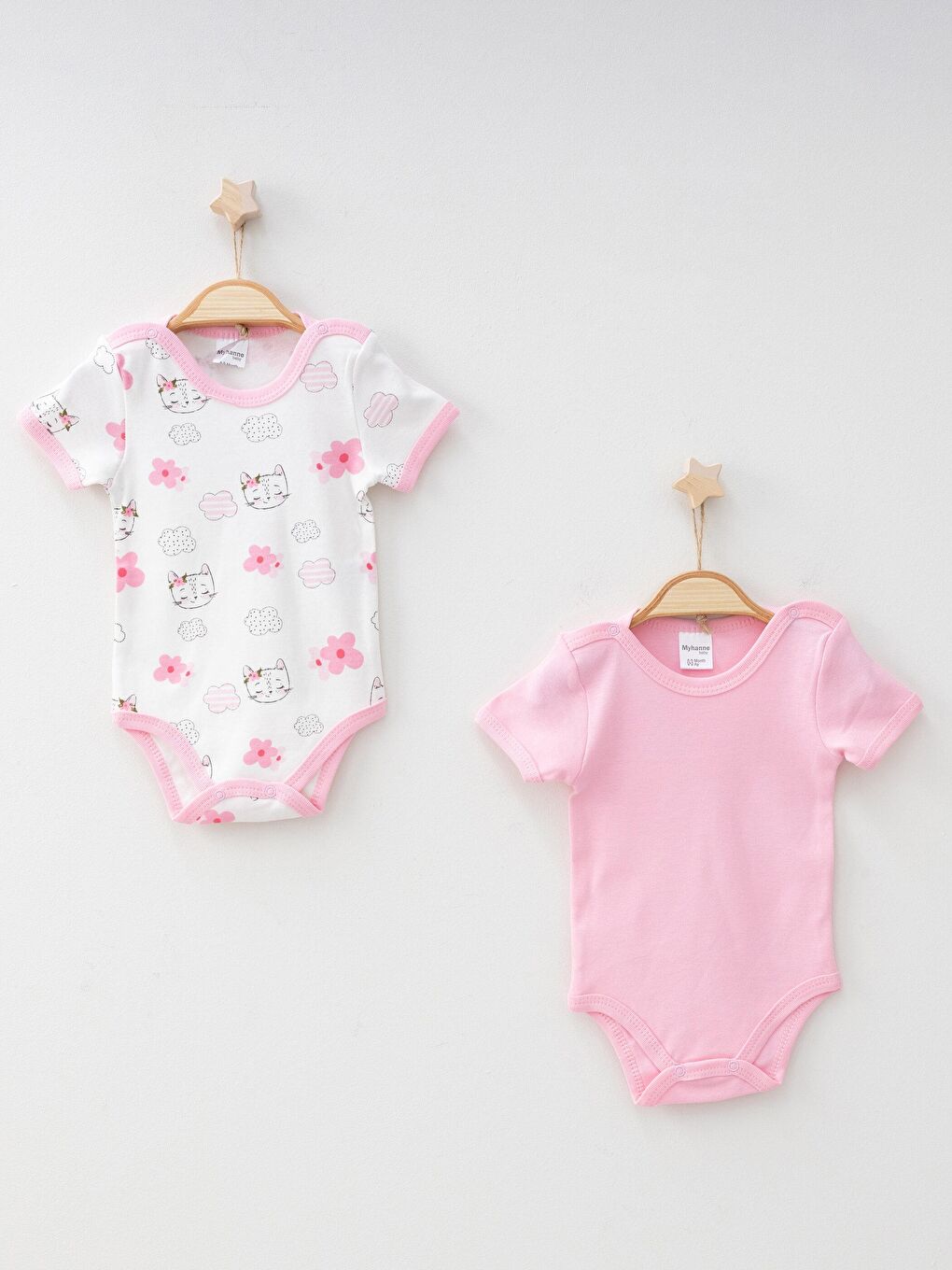 Pembe Bisiklet Yaka Kısa Kollu Kedi Desenli  Çıtçıtlı Body 2'li