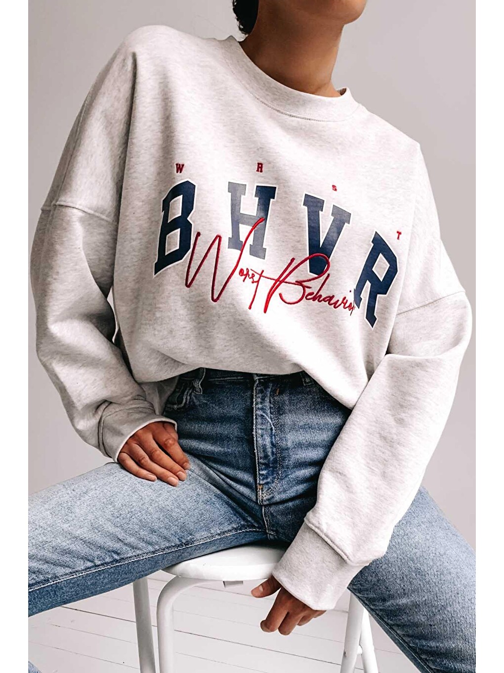 Gri Nakışlı Sweatshirt Mg813