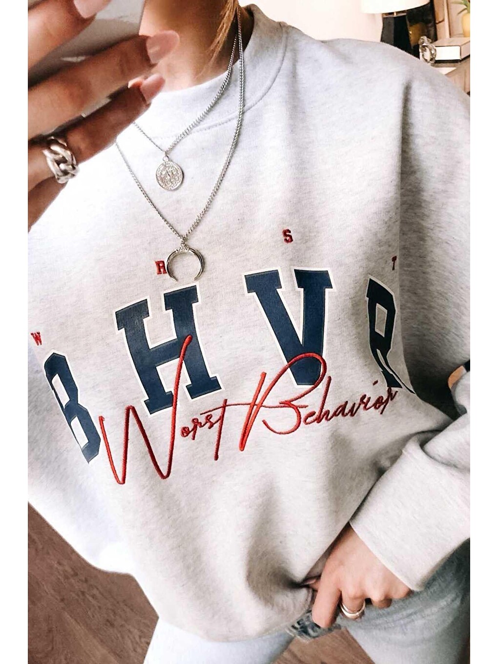 Gri Nakışlı Sweatshirt Mg813-1