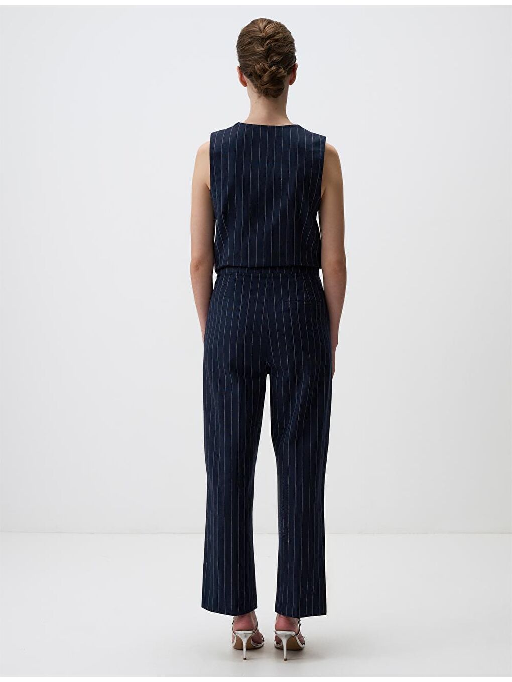 Lacivert Yüksek Bel Cepli Çizgili Keten Pantolon-5