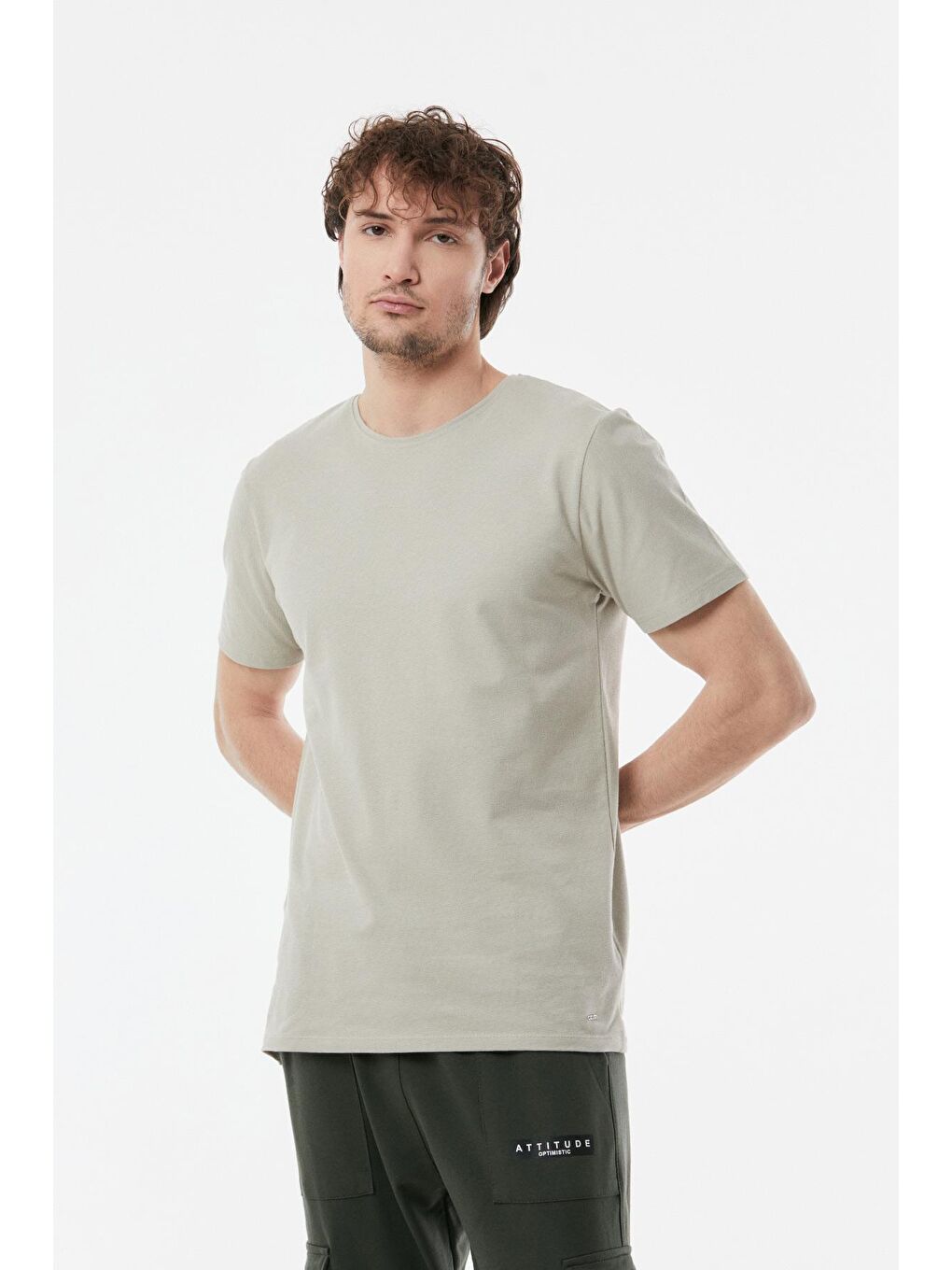 Bej Basic Bisiklet Yaka Tişört