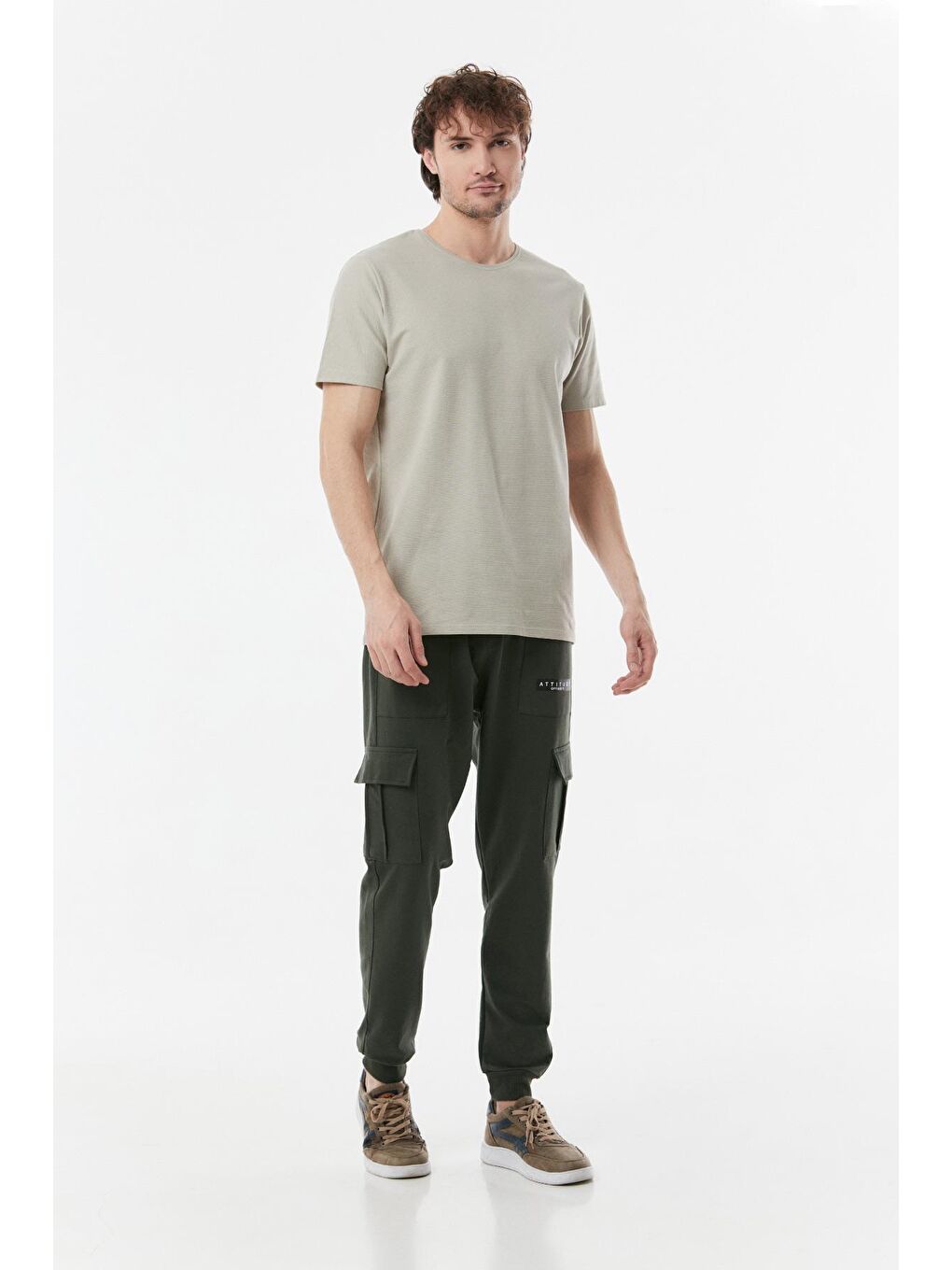 Bej Basic Bisiklet Yaka Tişört-1