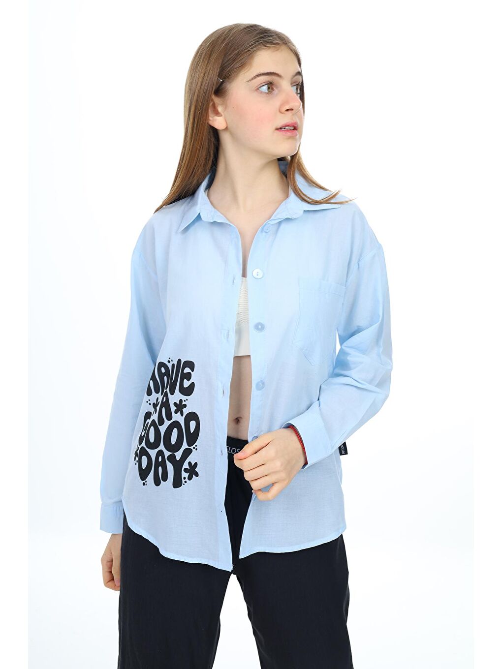 Mavi Kız Çocuk Baskılı Gömlek 9-14 Yaş Lx310