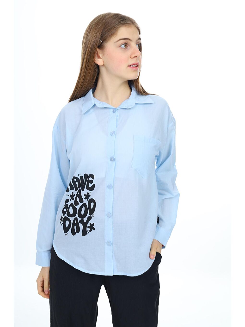 Mavi Kız Çocuk Baskılı Gömlek 9-14 Yaş Lx310-1