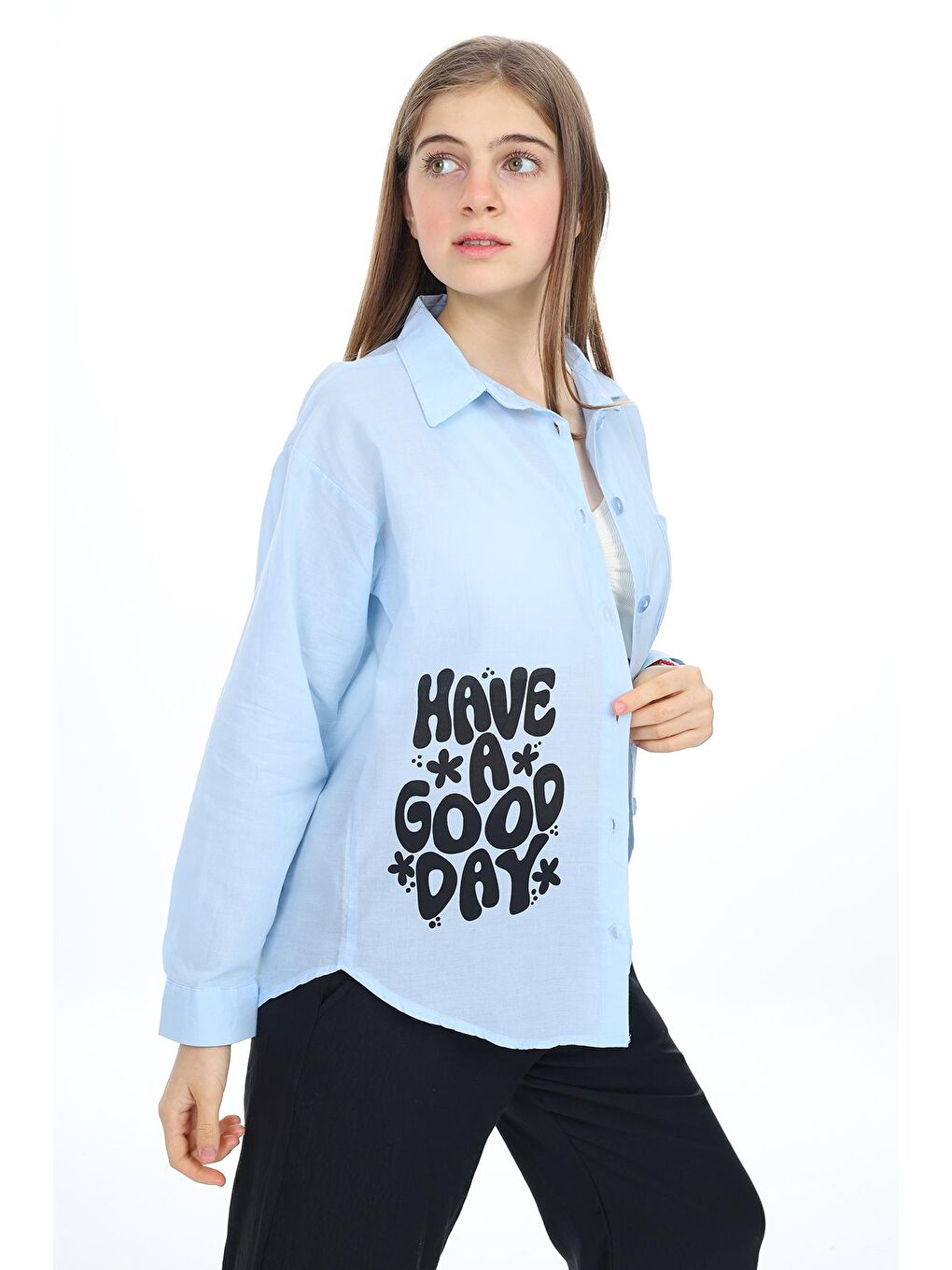 Mavi Kız Çocuk Baskılı Gömlek 9-14 Yaş Lx310-2