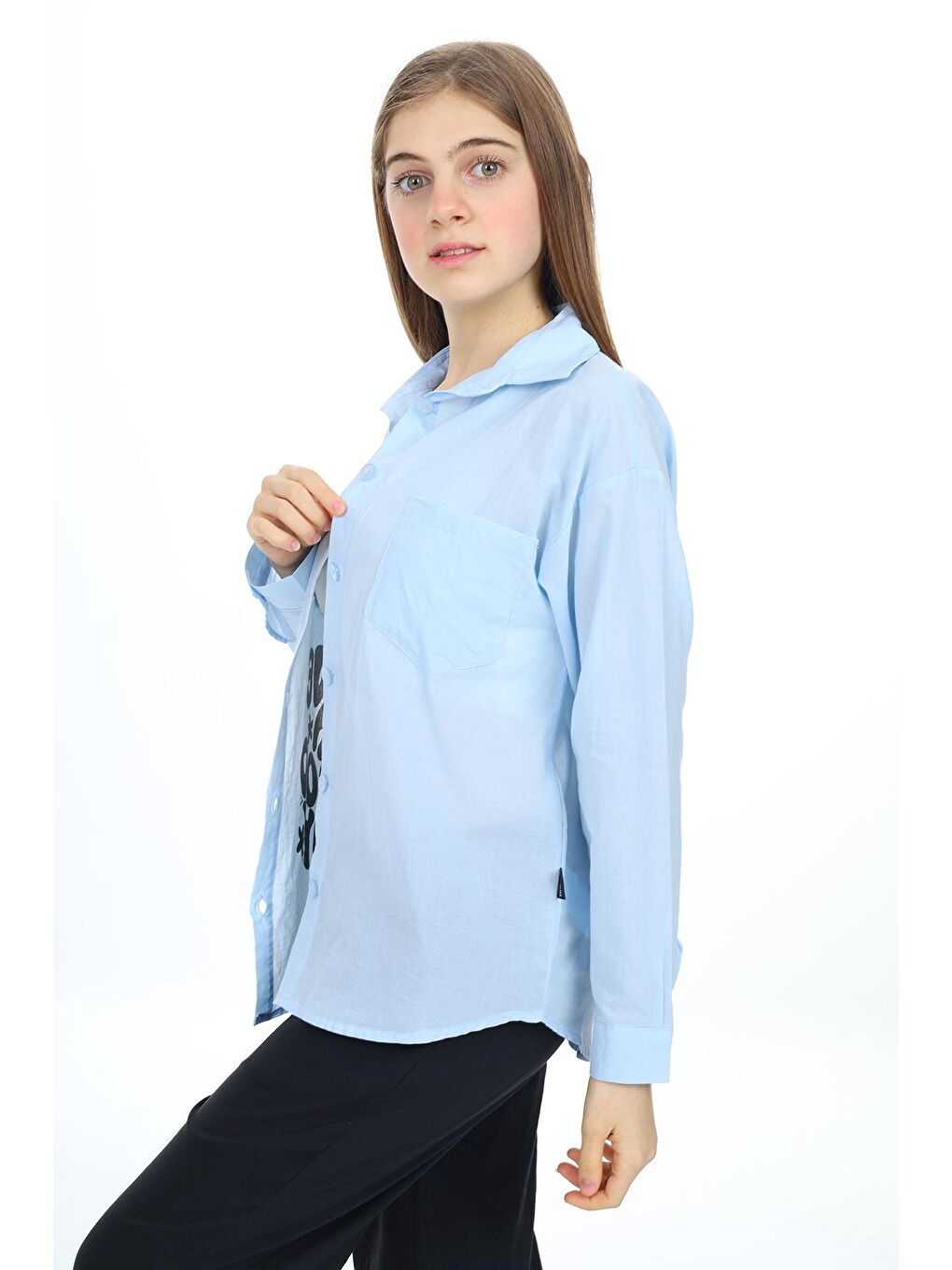 Mavi Kız Çocuk Baskılı Gömlek 9-14 Yaş Lx310-3