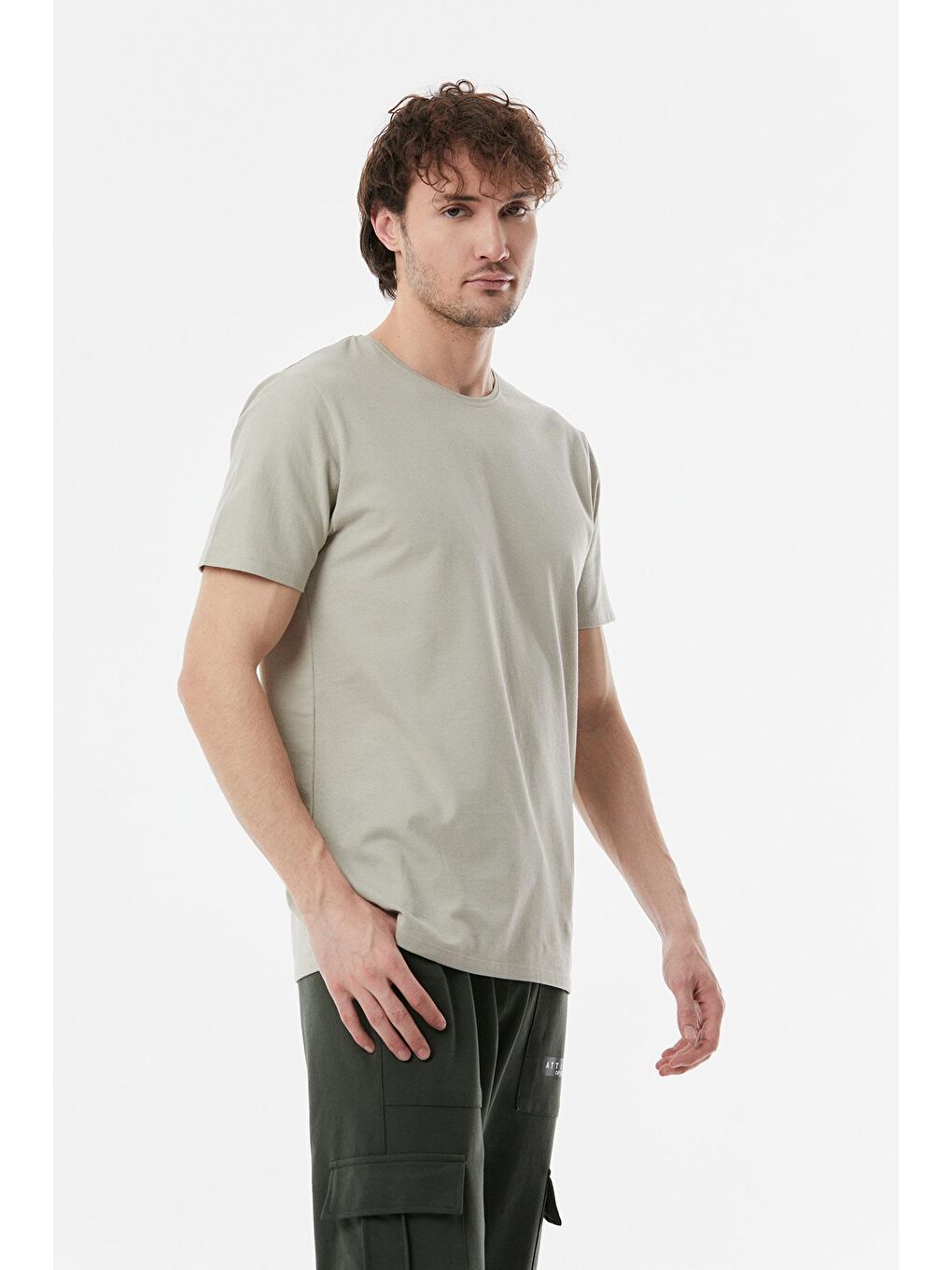 Bej Basic Bisiklet Yaka Tişört-2