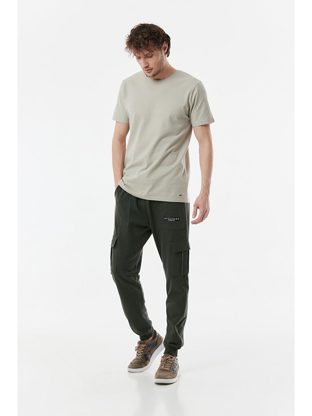 Bej Basic Bisiklet Yaka Tişört-3