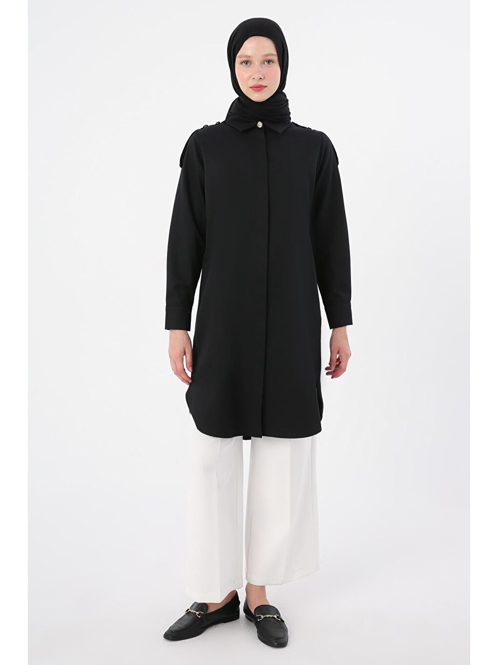 Siyah Pamuklu Apoletli Gömlek Tunik-1