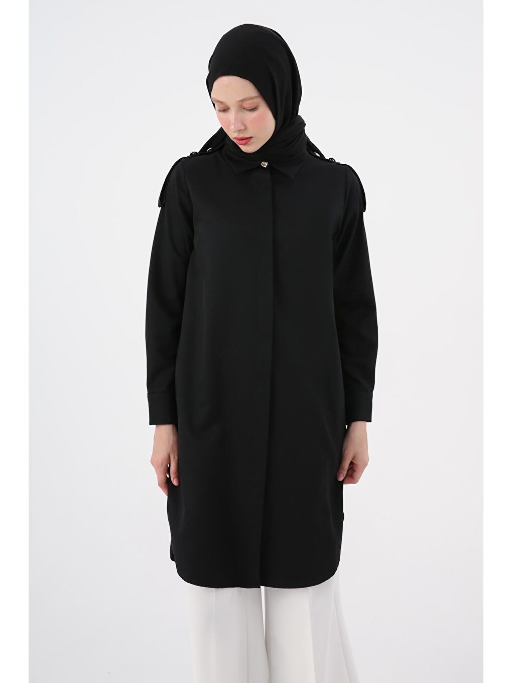 Siyah Pamuklu Apoletli Gömlek Tunik-4