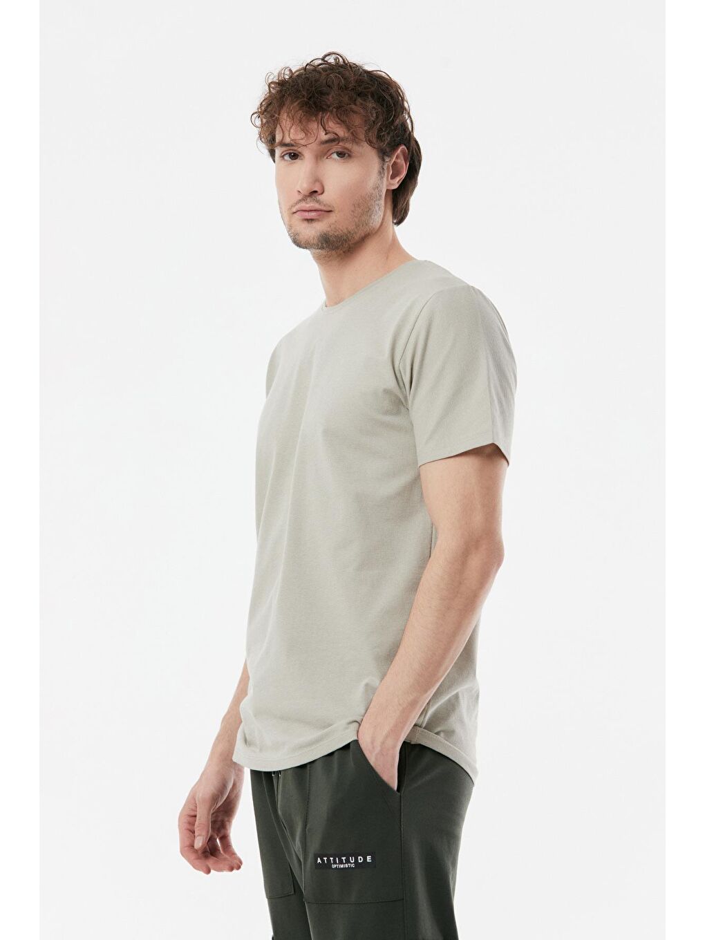 Bej Basic Bisiklet Yaka Tişört-4