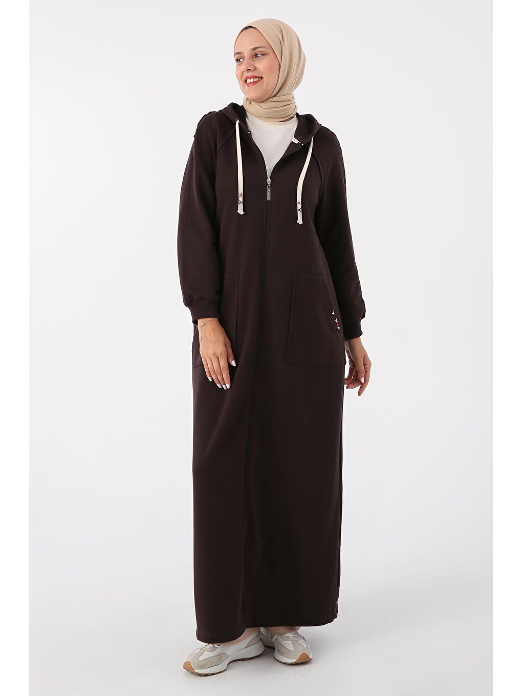Kahverengi Acı Kahve Kapüşonlu Fermuarlı Örme Ferace