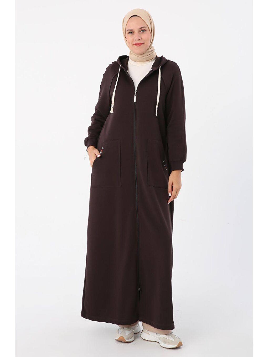 Kahverengi Acı Kahve Kapüşonlu Fermuarlı Örme Ferace-1