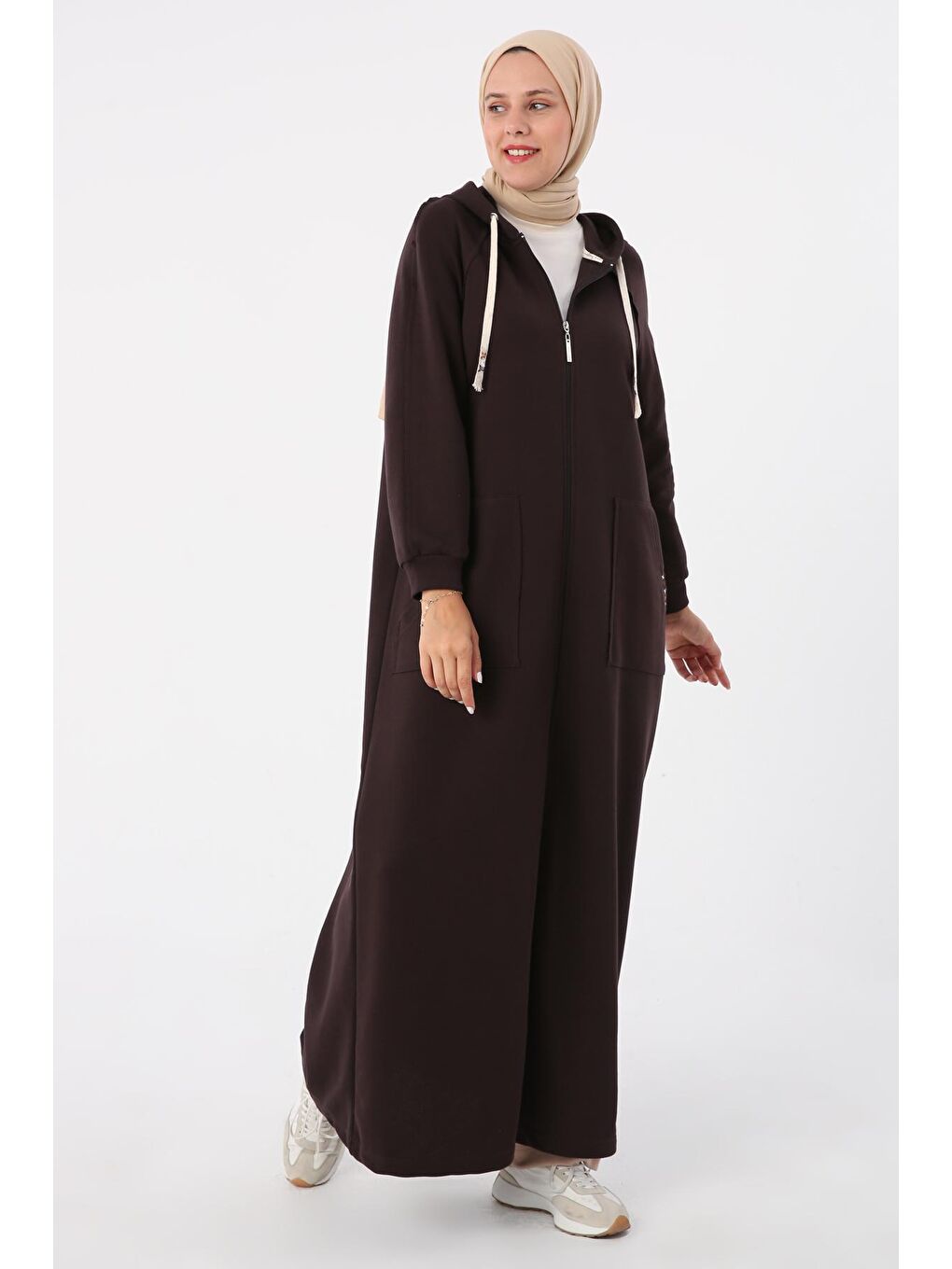 Kahverengi Acı Kahve Kapüşonlu Fermuarlı Örme Ferace-2