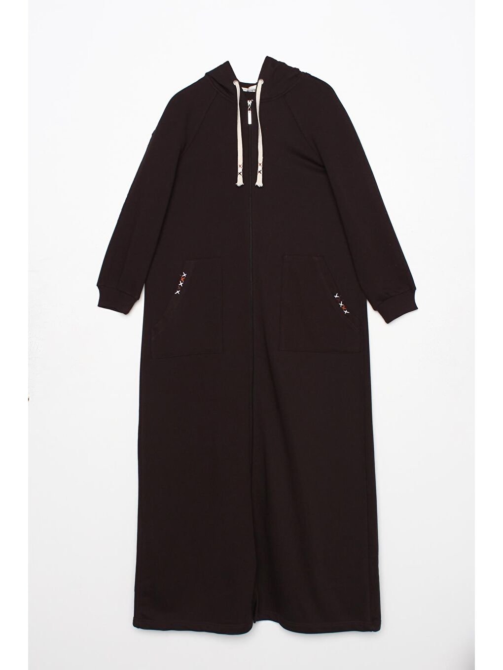 Kahverengi Acı Kahve Kapüşonlu Fermuarlı Örme Ferace-4