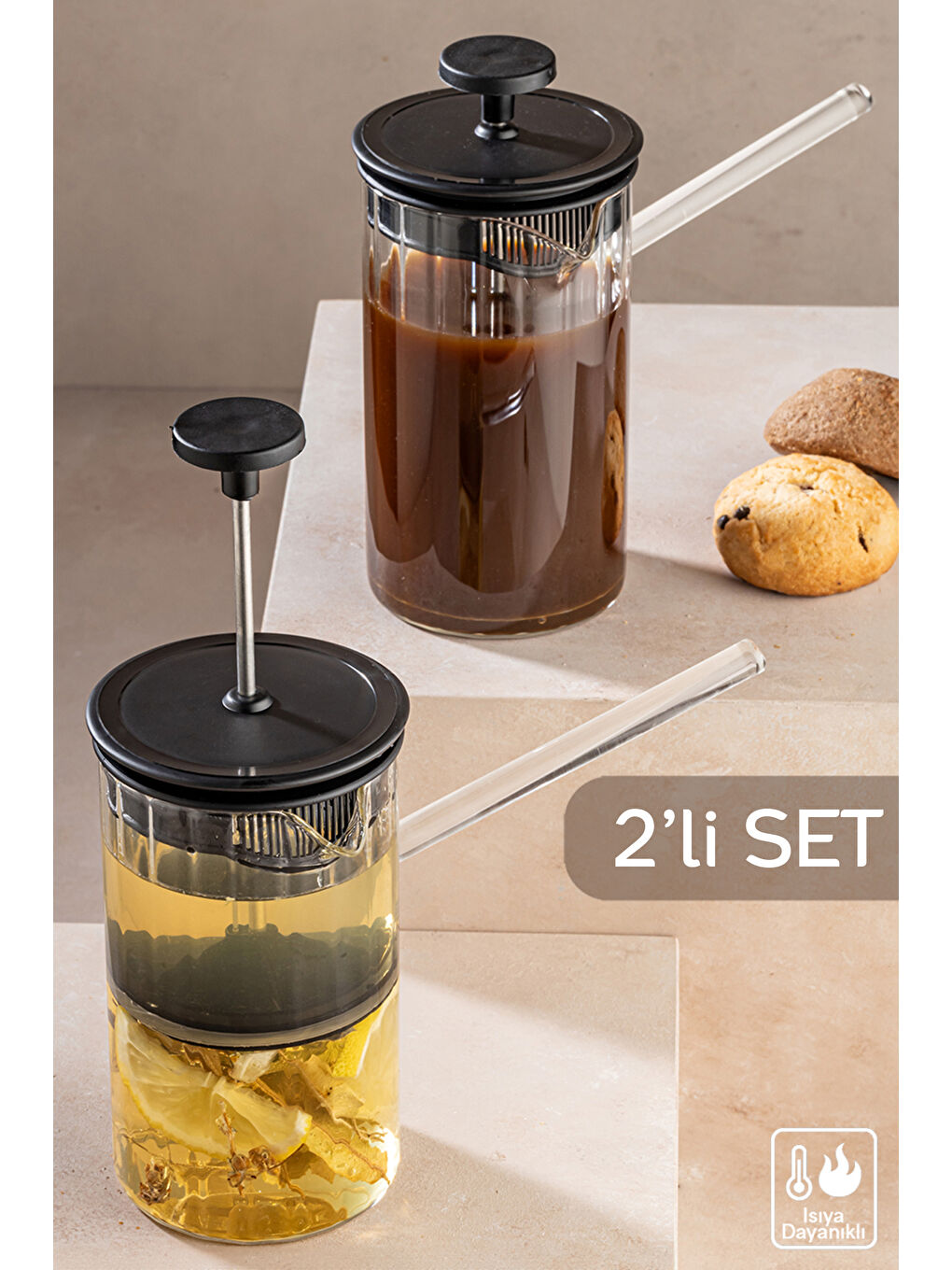 Meleni Home Şeffaf 2'li Cam French Press - Bitki Çayı Filtre Kahve Demliği 450 Ml