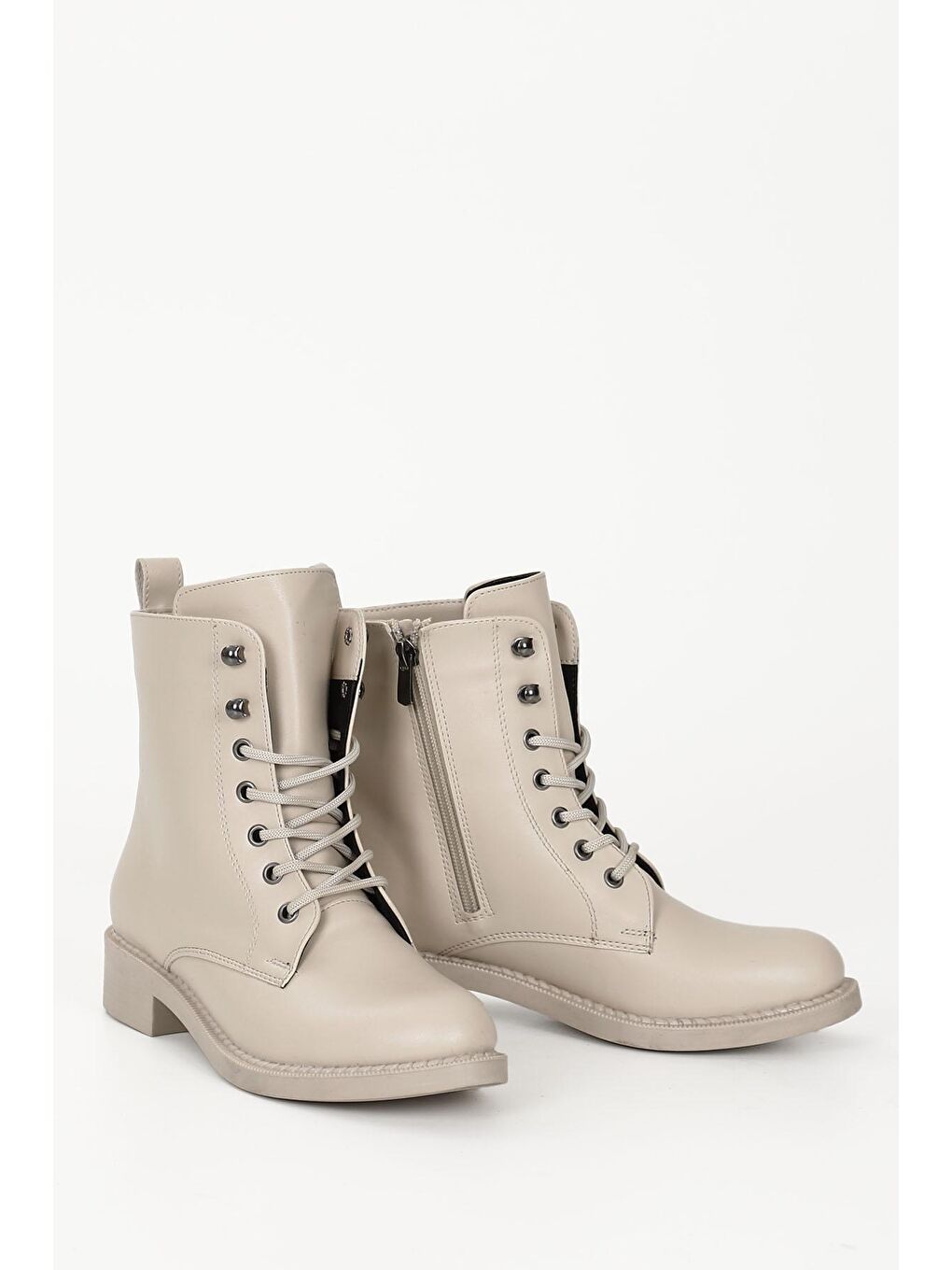 Bej BEJ  Yuvarlak Burun Topuklu Fermuarlı Bağcıklı Kadın Günlük Bot 35768