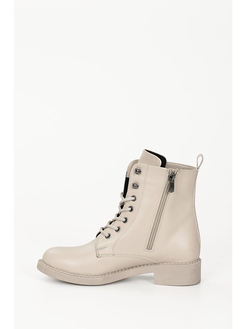 Bej BEJ  Yuvarlak Burun Topuklu Fermuarlı Bağcıklı Kadın Günlük Bot 35768-4
