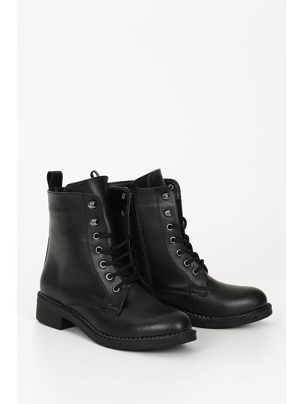 Siyah SİYAH  Yuvarlak Burun Topuklu Fermuarlı Bağcıklı Kadın Günlük Bot 35768